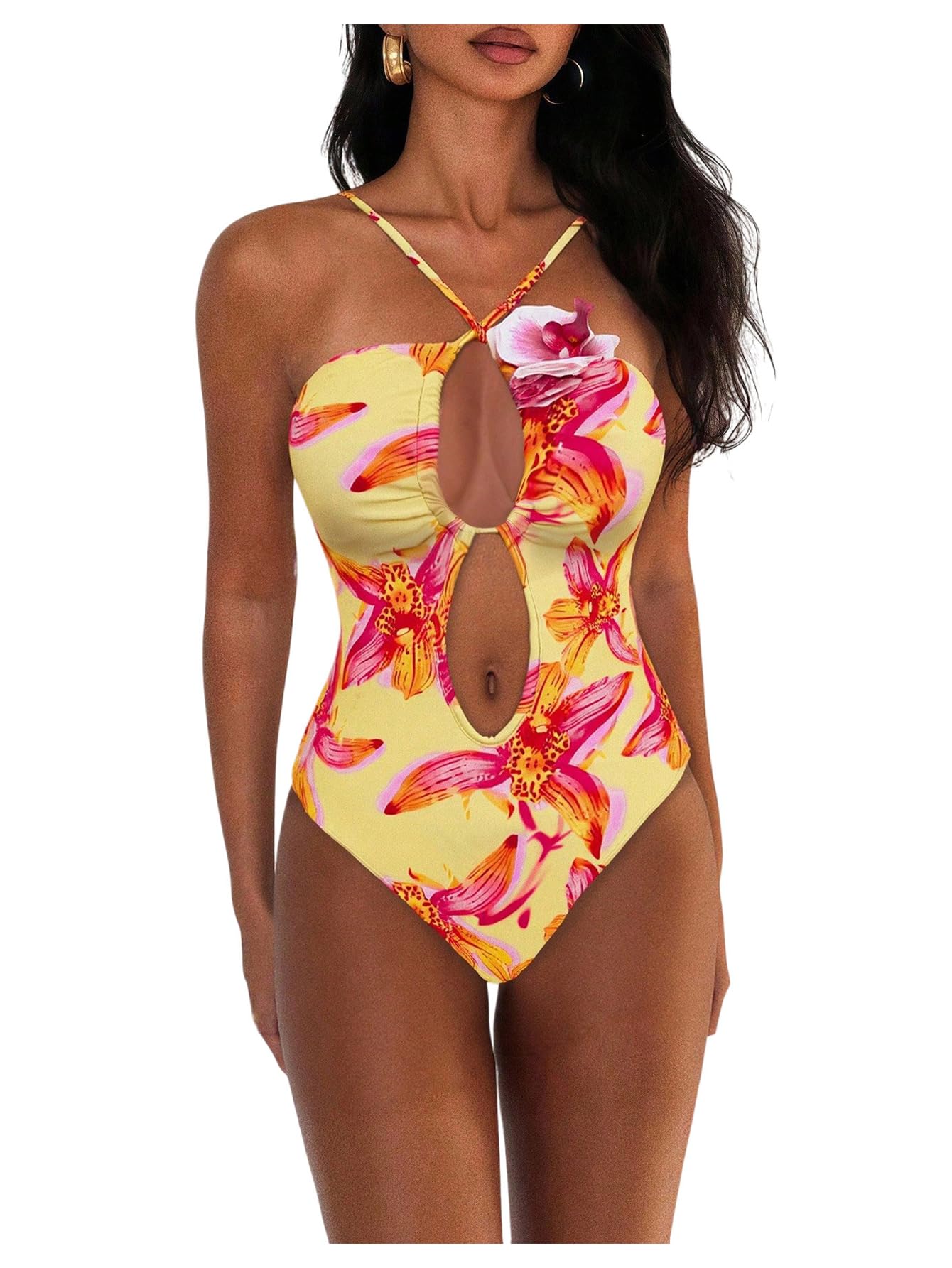 OYOANGLE Womens One Piece Swimsuit Floral Cut Out Tie Back Bathing Suits Hawaiian Swimwear