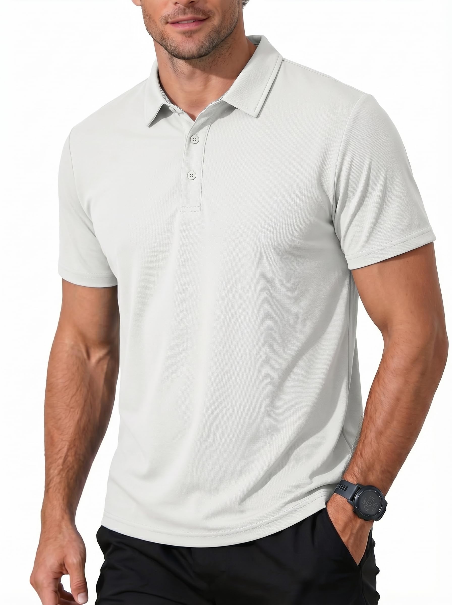 KEFITEVD Herren Poloshirt Kurzarm-T-Shirt mit gestreiftem Ausschnitt, unifarben, taschenlos Herren T-Shirt