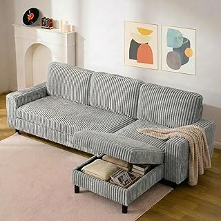 HOMRELEXA L Shaped Sofa with Movable Storage Ottoman, 3-Seater Modular Sectional Sofa, Corduroy Couch, Wooden Frame, Deep Seat, Ideal for Living Room, Grey