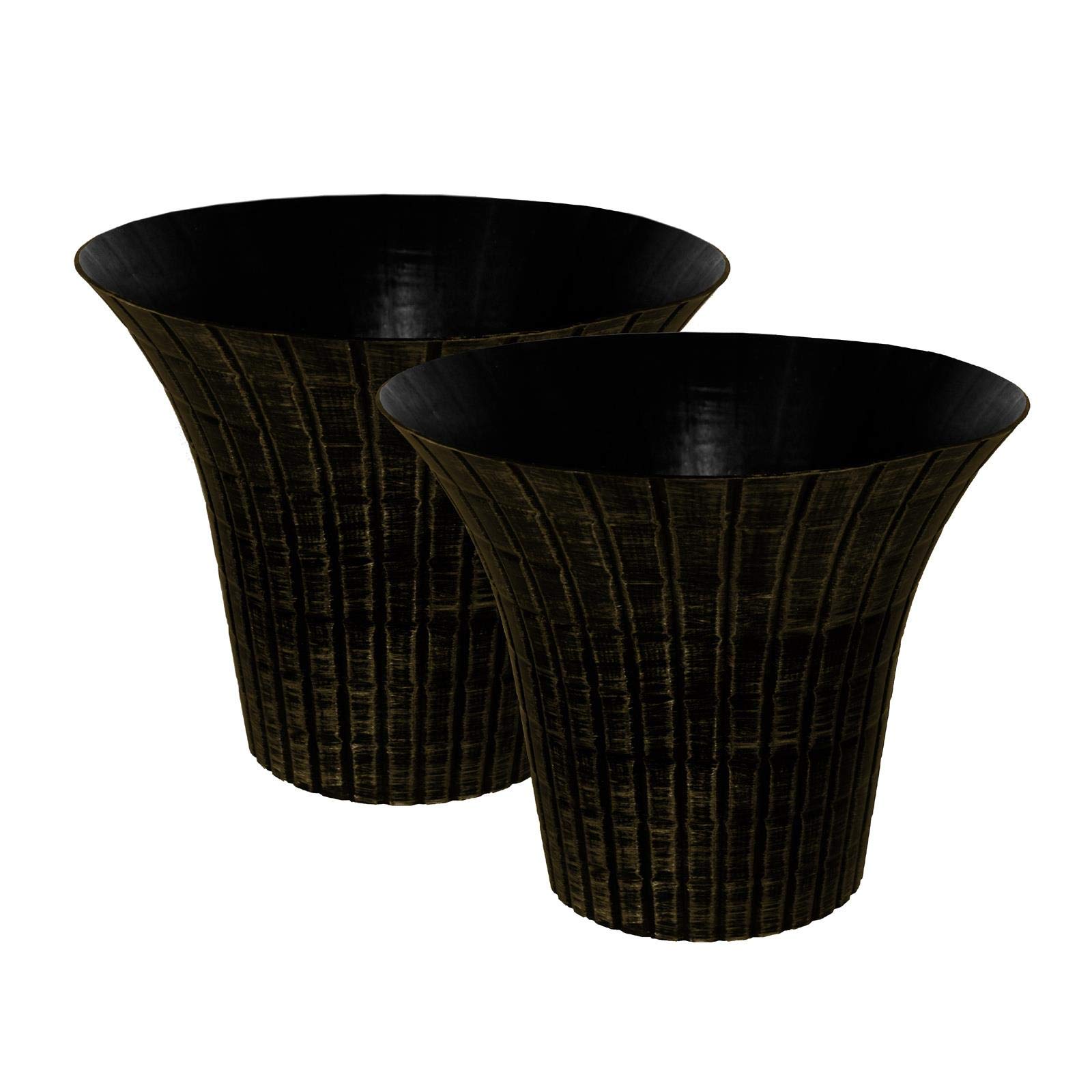 Elegance Flared Style Indoor & Outdoor Plastic Planter - Distressed Metallic Gold, Set of 2 Pots - 30.5cm (H) x 36cm (Dia).