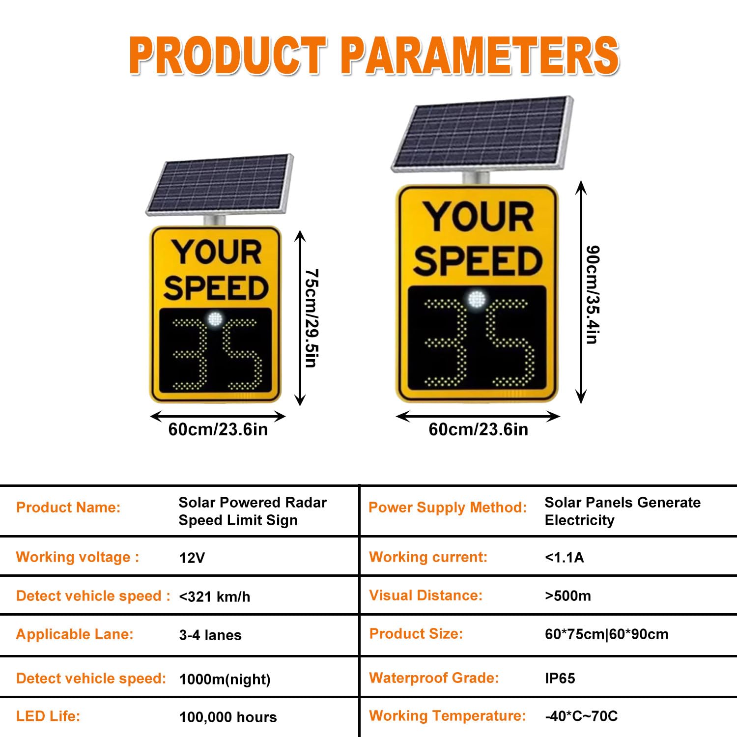 Señal de límite de velocidad alimentada por energía solar, pantalla LED de radar, señal de control de tráfico digital para seguridad en carretera, hecha de aleación de aluminio, 60 x 90 cm