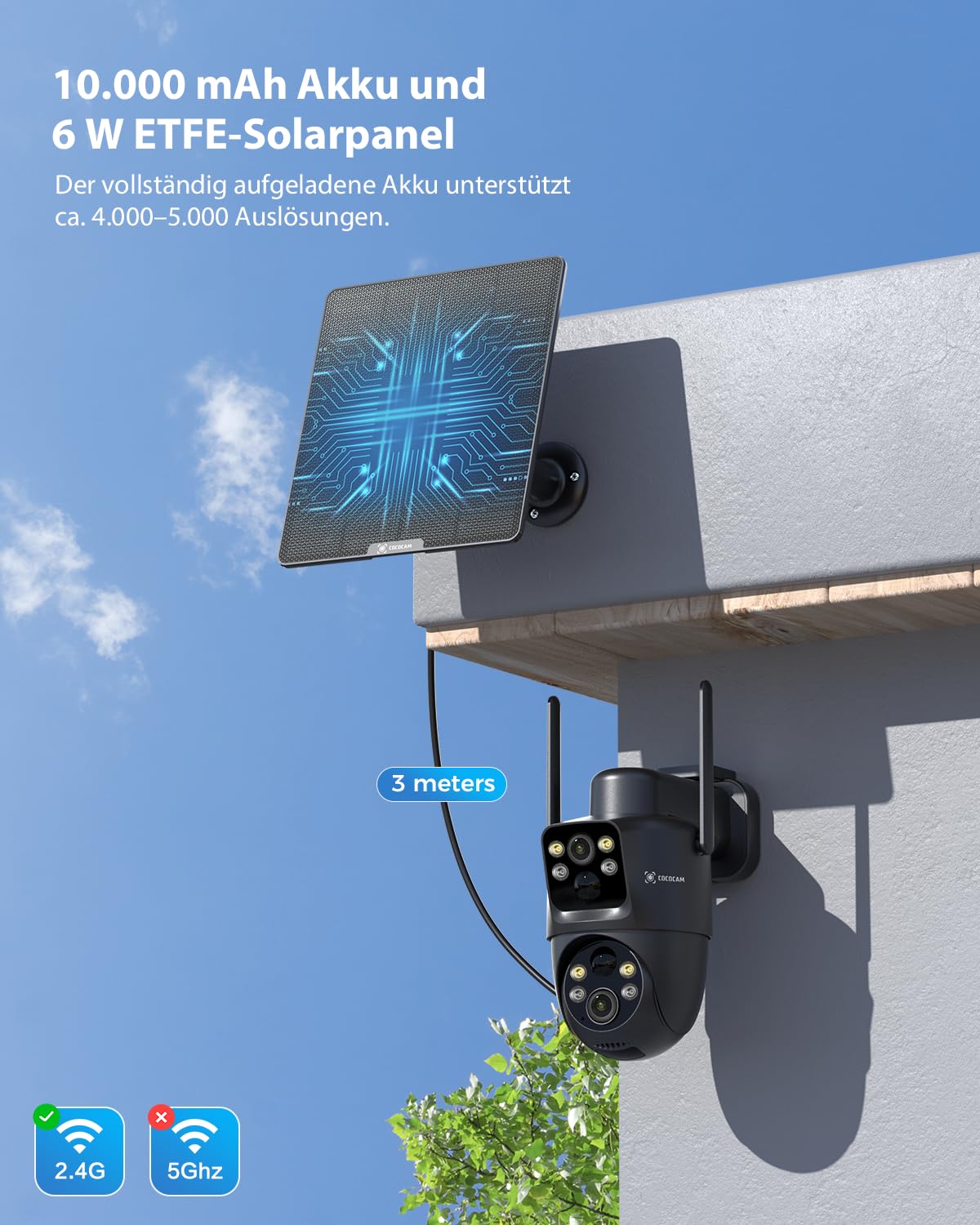 COCOCAM 2K Dual Objektiv Überwachungskamera Aussen WLAN Solar | 10000mAh Akku, 6W Solarpanel, Duale PIR und KI-Personenerkennung, Farb-Nachtsicht, 355°P 90° T, IP66, 2.4GHz WLAN