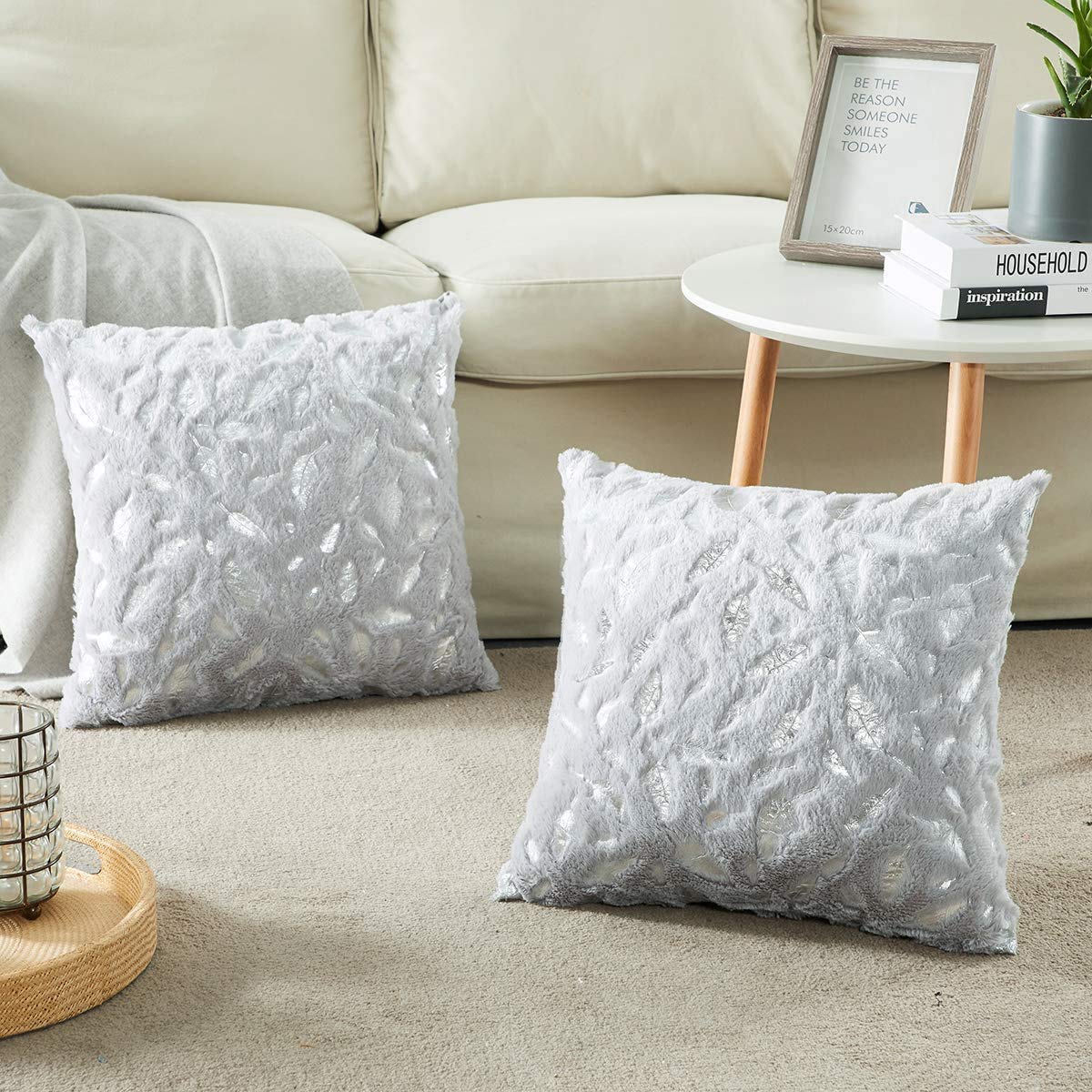 MONKDECORFeather Leave Design Cushion Cover 24x24 Inches (Grey) Set of 2 Pieces