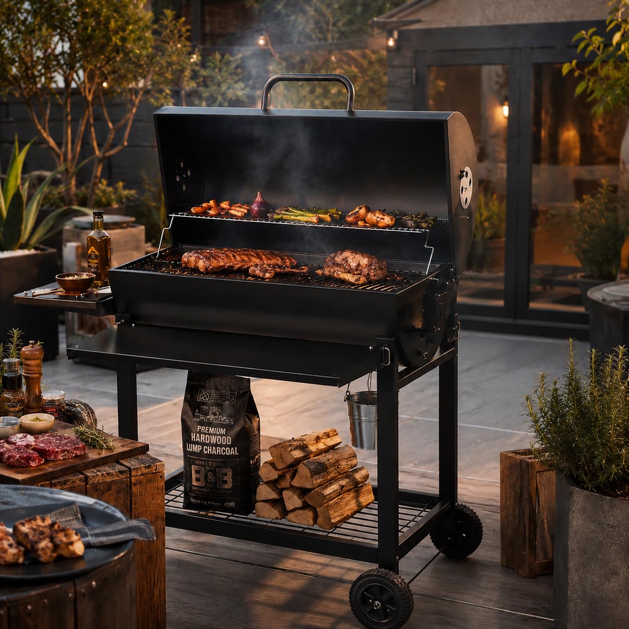 Profi Smoker Grill Holzkohle Grillwagen XL 103x110x59 cm, schwarzer BBQ Standgrill aus Stahl mit Deckel, Grillrost, Warmhalterost, Aschebehälter, Ablagen, Luftregulierung & Rädern für Garten Party
