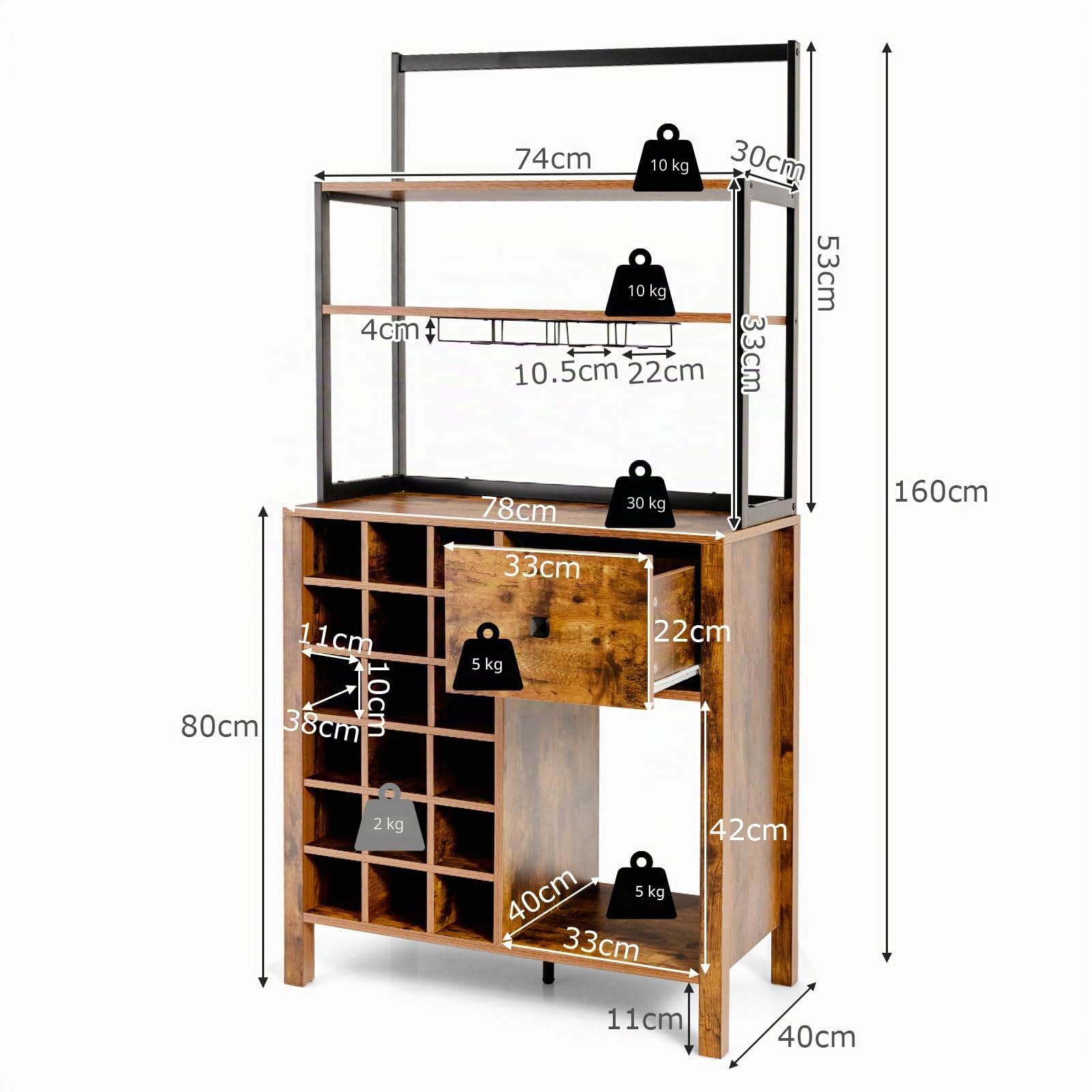 KOMFOTTEU Mueble de Cocina para Vino, Armario de Bar para 18 Botellas con Soporte para Copas, Armario Buffet con Cajón y Estantes Abiertos, Soporte para Microondas para Comedor, 74 x 40 x 160 cm