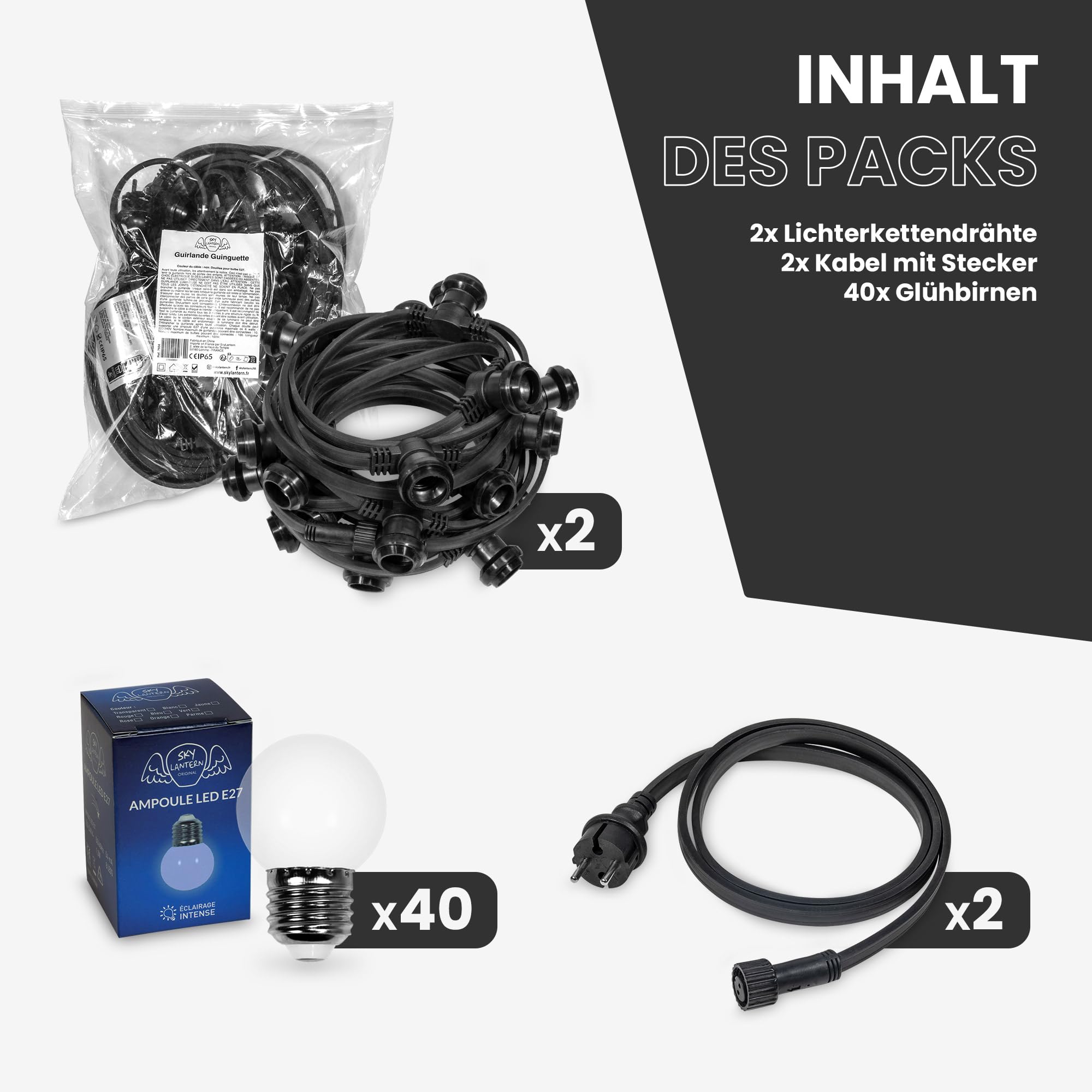 SKYLANTERN® Partylichterkette 20m Außen Warmweiß dimmbar – IP65 wasserdicht & erweiterbar – Profi-Qualität LED Lichterkette mit 40 E27 Glühbirnen (50 cm Abstand) – für Garten, Terrasse & Hochzeit