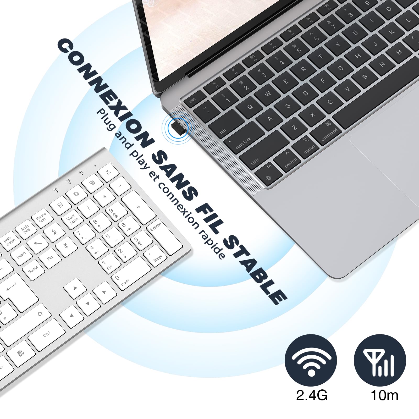 cimetech Clavier sans Fil Rechargeable, Connexion 2.4Ghz, Clavier Silencieux, Ultra-Fin, AZERTY Français, avec Pavé Numérique, pour MacOS/iOS/Android/Windows/PC/Ordinateur/Portable-Blanc Argent
