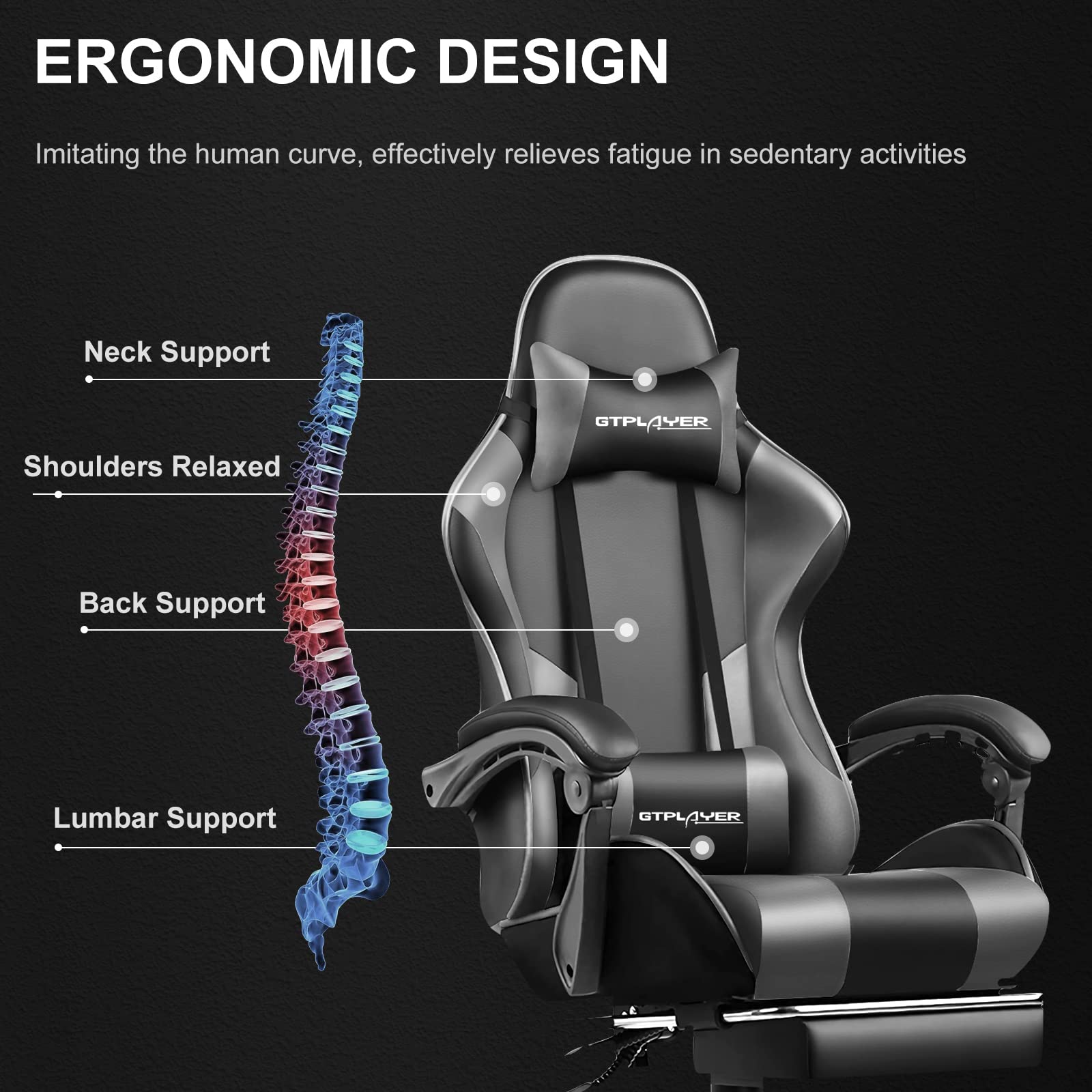 GTPLAYER Sedia da Gaming, Ergonomico Sedia da Ufficio, con Massaggiante poggiapiedi e supporto lombare, Schienale Regolabile 90-135°, Portata 150 kg, sedia per computer,Grigio