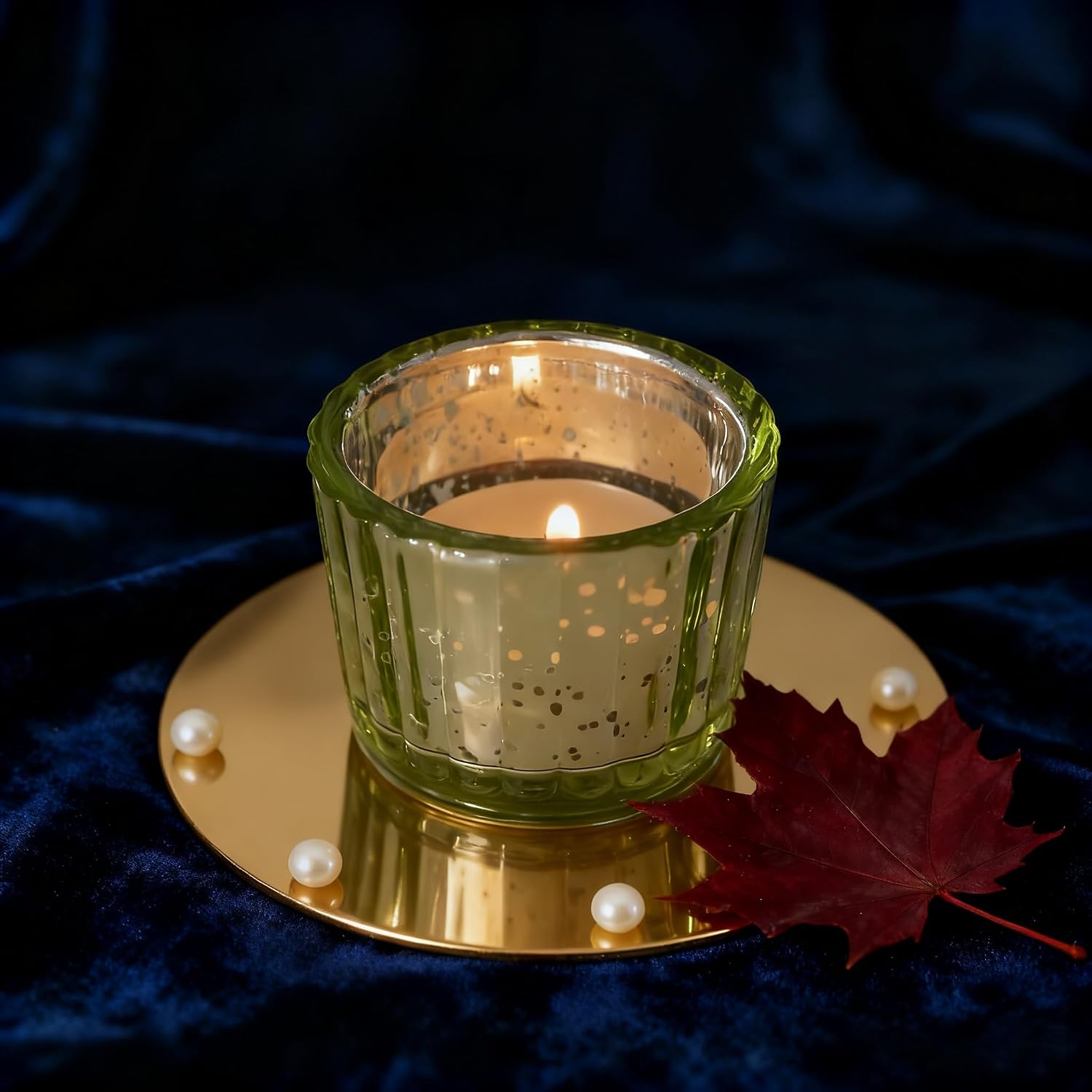 Round Clear Votive Candle Holders Set of 12, Purple Wedding Centerpiece Table Decorations, Mercury Glass Tealight Candle Holder for Bridal Shower, Baby Shower & Home Decor (Green)