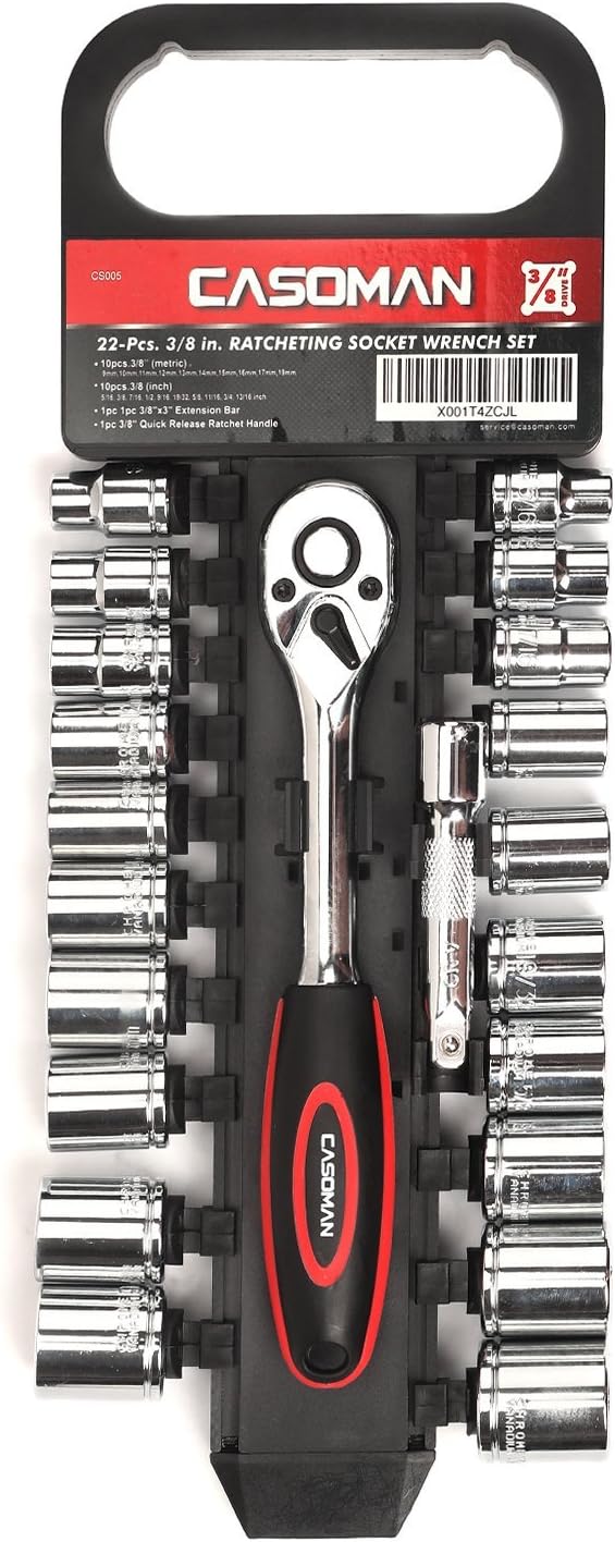 CASOMAN 3/8-Inch Drive Socket Set with Quick Release Ratchet Wrench Set, 3/8" Cr-V Metric Socket (9mm-19mm) And SAE Socket (5/16 Inch-13/16 Inch), 22 Pieces Socket Set …