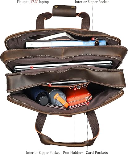Miniatura 4 de Polare - Maletín de cuero de grano completo de 18.5 pulgadas para computadora portátil, bolsa de mensajero para hombres, grande para portátiles de