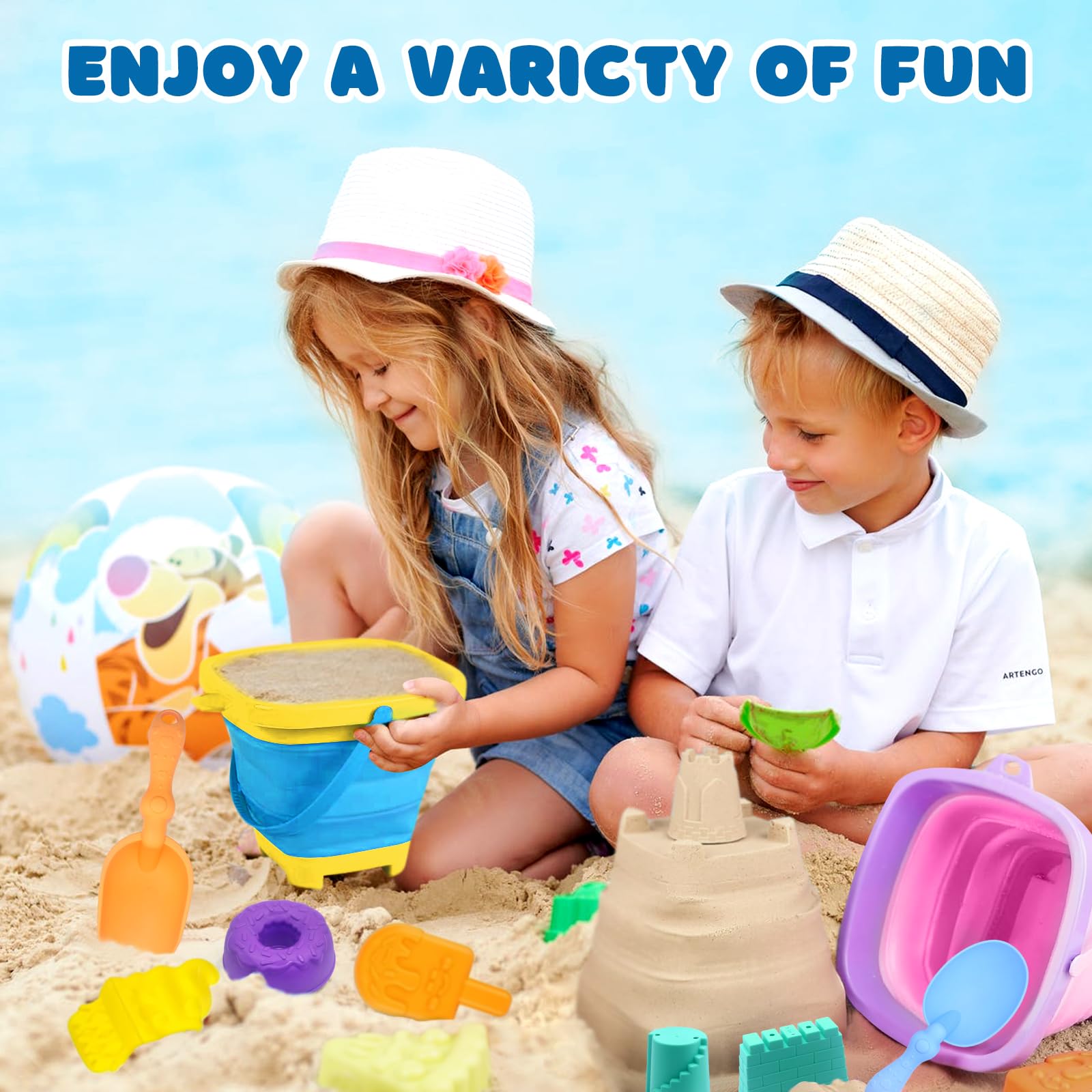 35 Piezas Juguetes de Playa para Niños, Juegos Playa Niños con Cubo Playa Plegable, Bolsa Malla Reutilizable, Pala de Arena, Moldes de Arena, Juguetes al Aire Libre para 3 4 5 Años