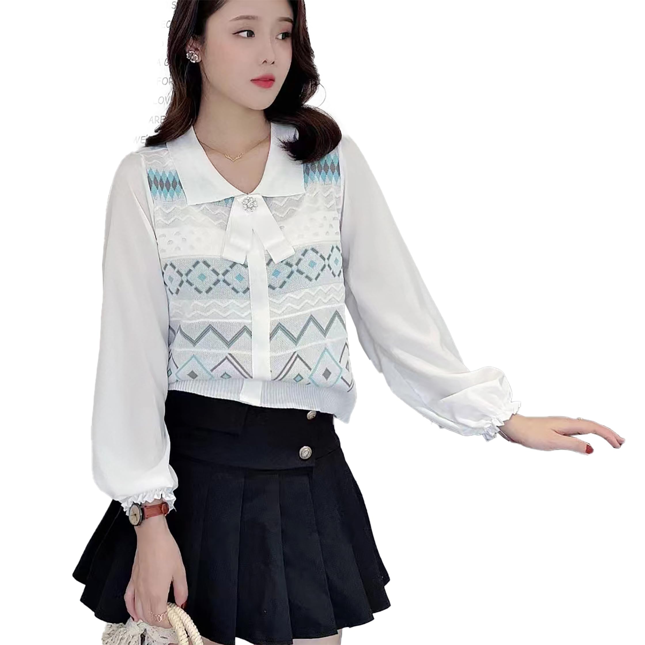 Women's Knitted Ribbed Short Sleeve Jacquard Chiffon Long-Sleeved Polo Neck Collar Crop Top T-Shirt DN322-image-37