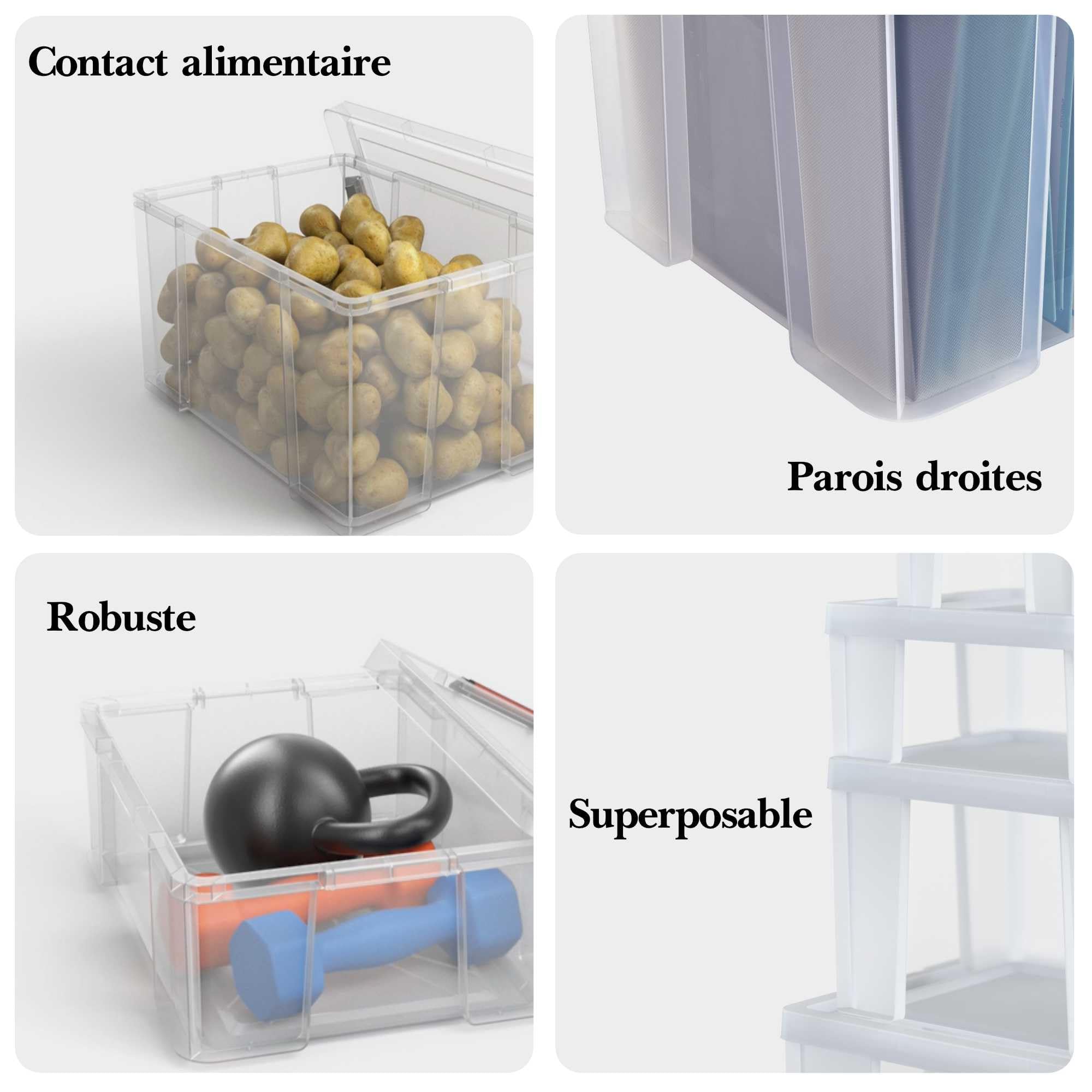 SUNDIS Clip’N Store, boîte de rangement plastique avec couvercle 45L, x3 | Robuste, transparente, apte au contact alimentaire, parois droites, clips de fermeture, superposable et combinable