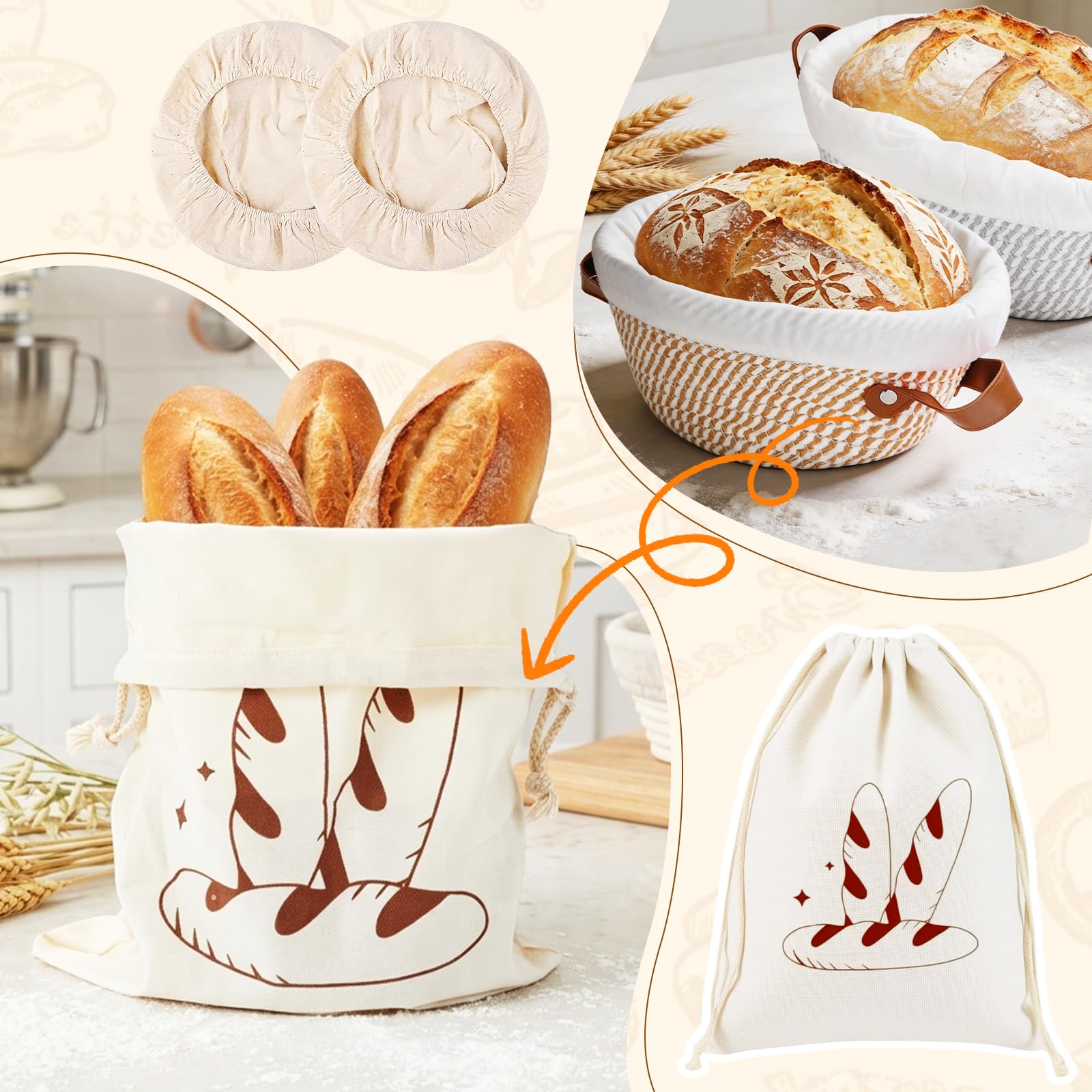 Juego de cesta de fermentación para levadura, 2 cestas de fermentación (ovalada de 25 cm y 23 cm redonda), juego de pan con vaso de masa madre, 16 diseños de impresión, 10 bolsas grandes de cortadores