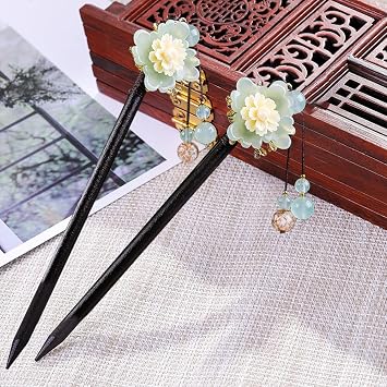 Yitexin Pack of 2 Chinese Wooden Hair Pins for Long Hair Vintage Retro Hair Sticks for Women Bun Elegant Hair Stick Flower Tassel Hair Stick Chignon (Cymbidium)