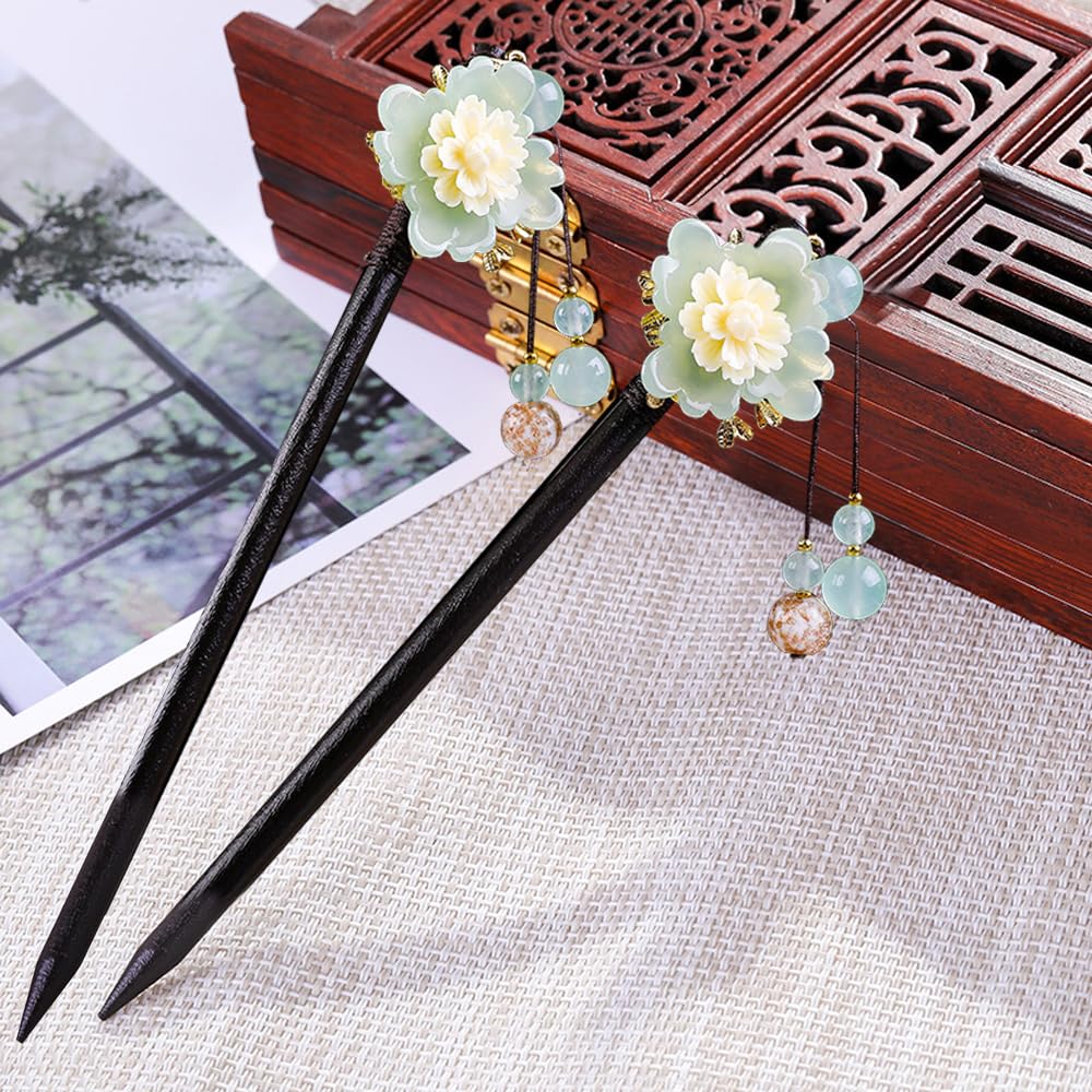 Yitexin 2 Pcs Wooden Chinese Hair Sticks for Long Hair Vintage Retro Hair Chopsticks for Women Bun Elegant Flower Tassel Chinese Hair Pins Chignon (Cymbidium) - Image 2