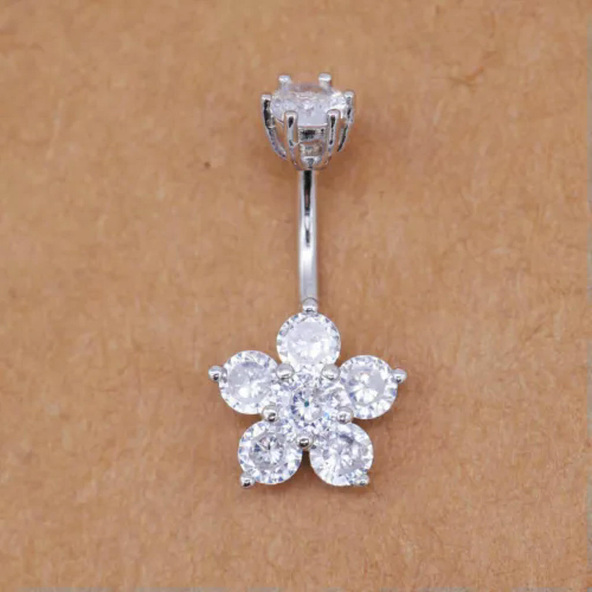 Piercing all'ombelico con Fiore in Argento Sterling e Cristallo CZ, Anello A4230-10mm