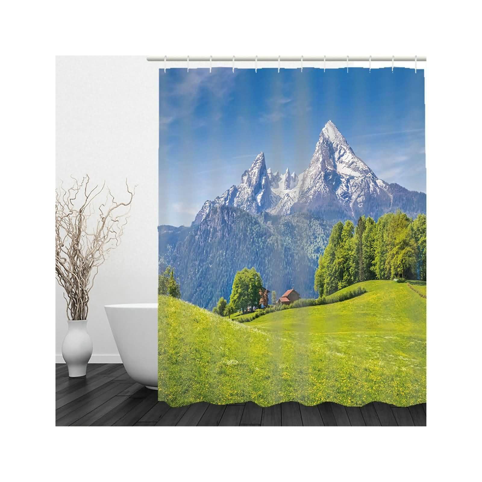 Cortina de ducha de tela textil azul verde con patrón de rango de montaña antimoho cortina de baño de poliéster impermeable lavable cortinas de ducha en el baño para bañera con anillos de
