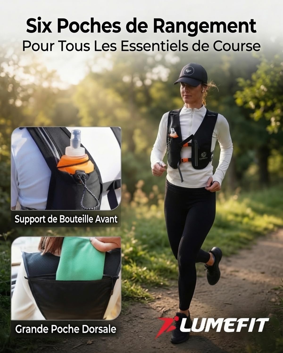 LUMEFIT Gilet Running - Gilet Réfléchissant & Sac à Dos Réglable avec Porte-Téléphone, Pochette Imperméable & Gourde 500ml - pour Homme et Femme, Idéal Course à Pied & Trail