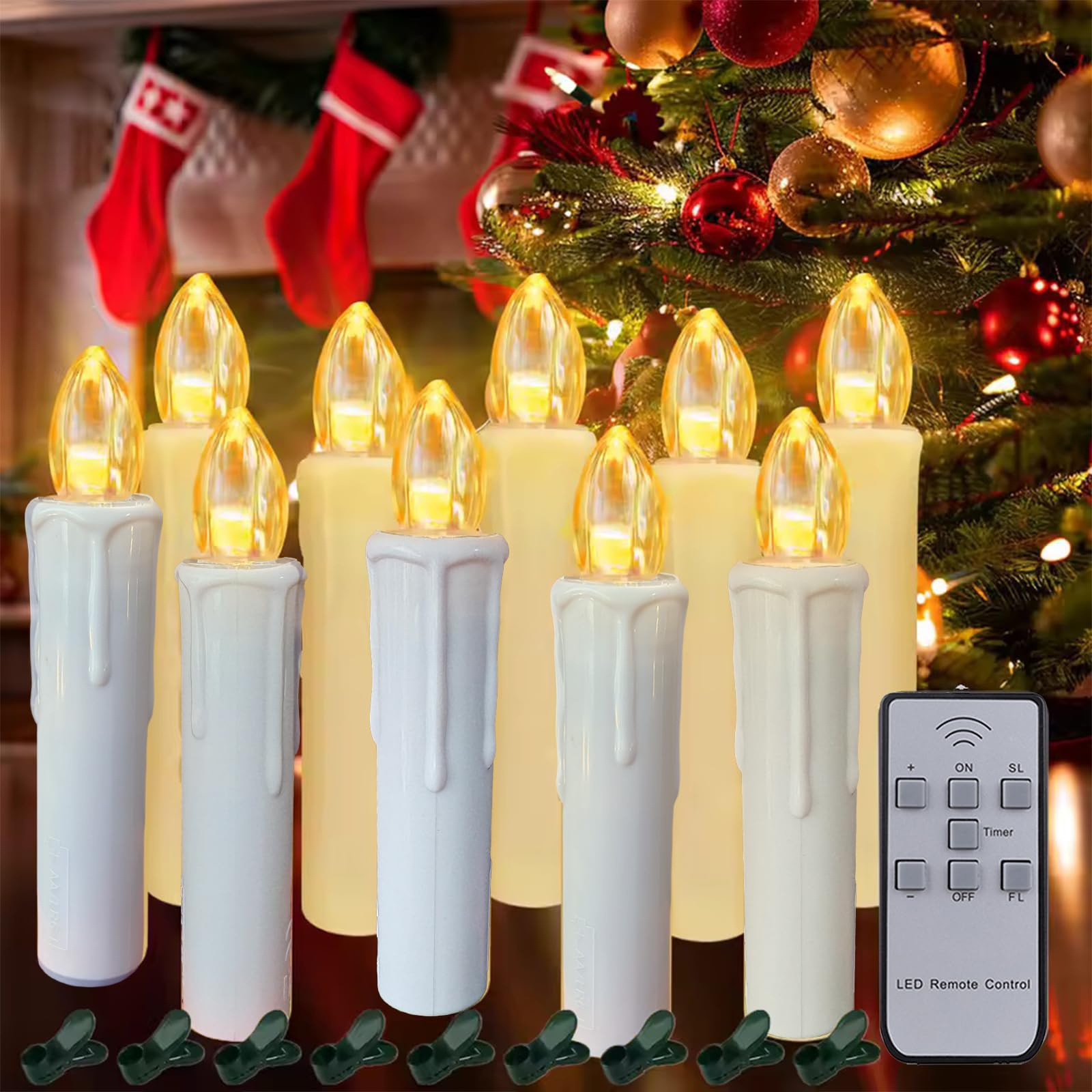 Elecphbo Remote Control Flameless Candles with Timer & Clip-On Design - Battery Operated LED Tea Lights for Christmas Tree, Home Decor, Parties (Set of 10)