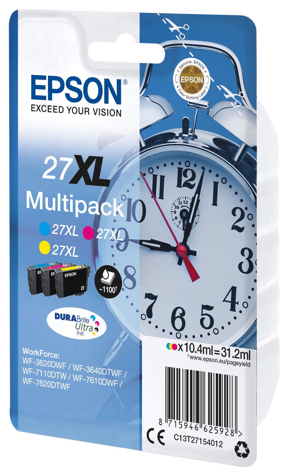 Epson Sveglia Serie 27XL, DURABrite Ultra Ink, Multipack 3 colori, Ciano, Magenta, Giallo, Formato XL