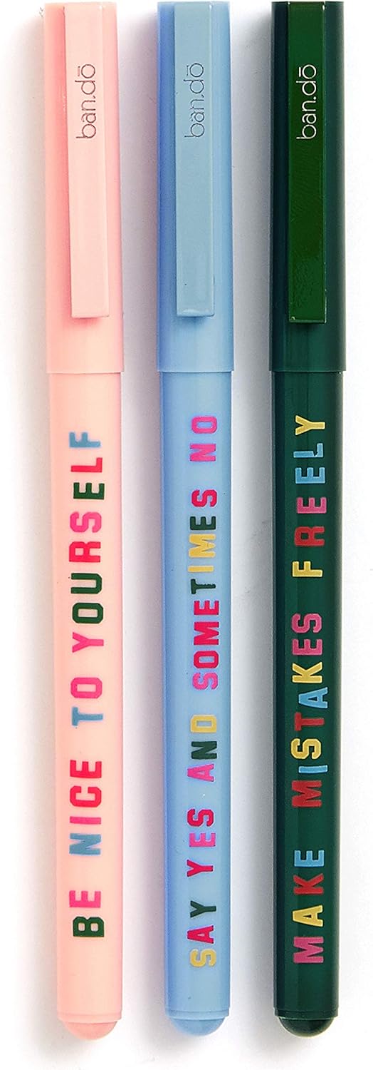 ban.do Write On Black Ink Pen Set of 3, Plastic Ballpoint Pens with Clip, Assorted (Katie Kimmel)