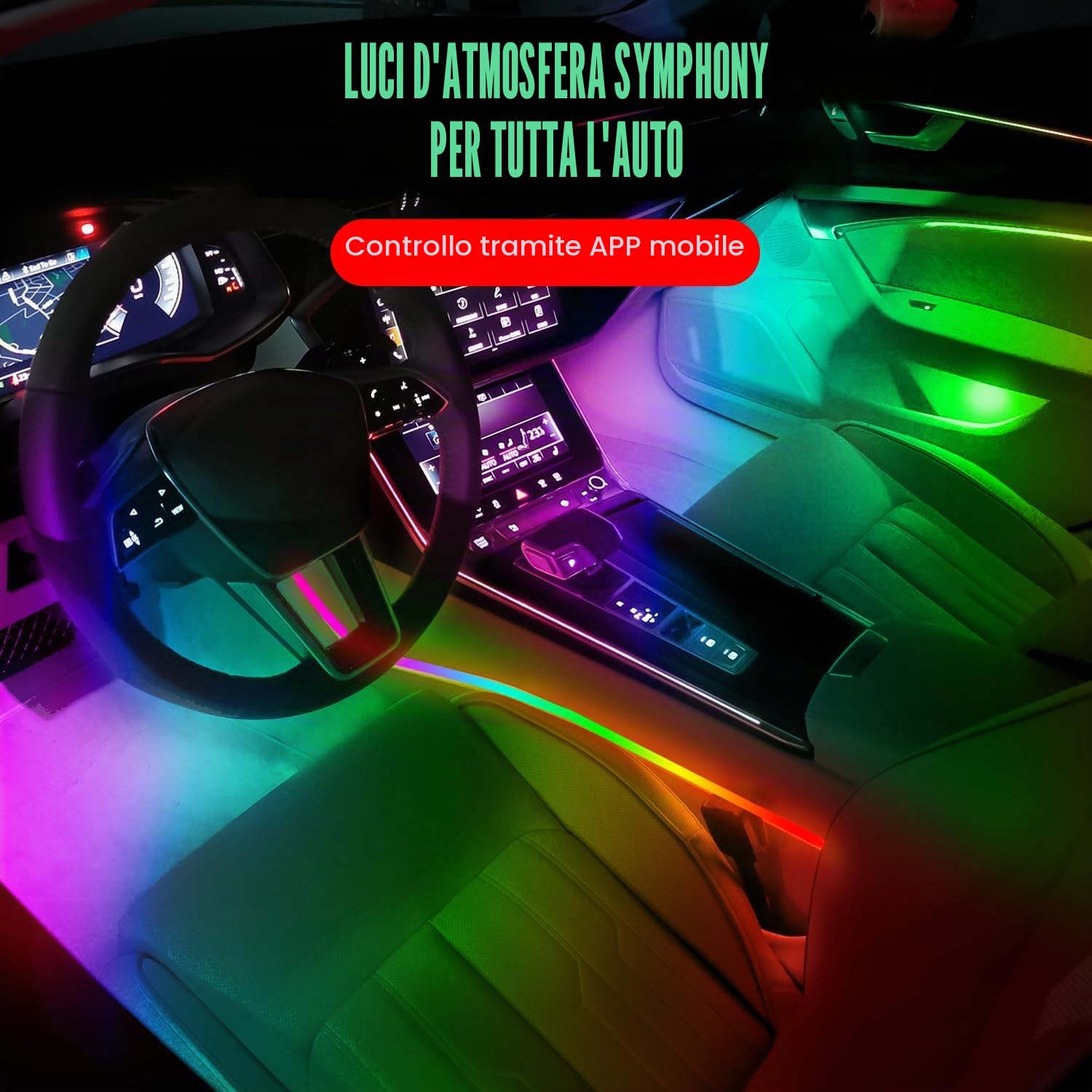 Luci ambiente per interni auto HMYC, striscia in fibra ottica acrilica con 128 LED colorati 18 in 1, decorazione universale con molteplici modalità e sincronizzazione musicale, controllo tramite APP