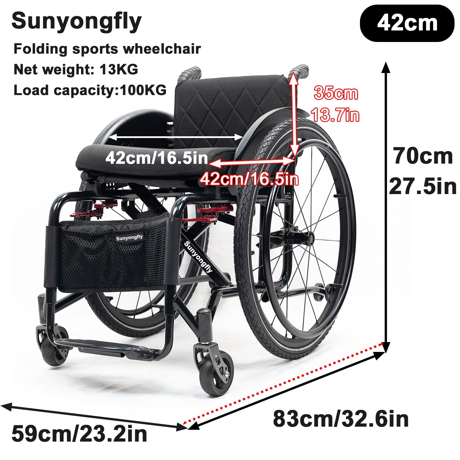 Lekki składany sportowy wózek inwalidzki ze stopu aluminium z podnóżkiem i poduszką do siedzenia dla dorosłych (szerokość siedziska: 42 cm)