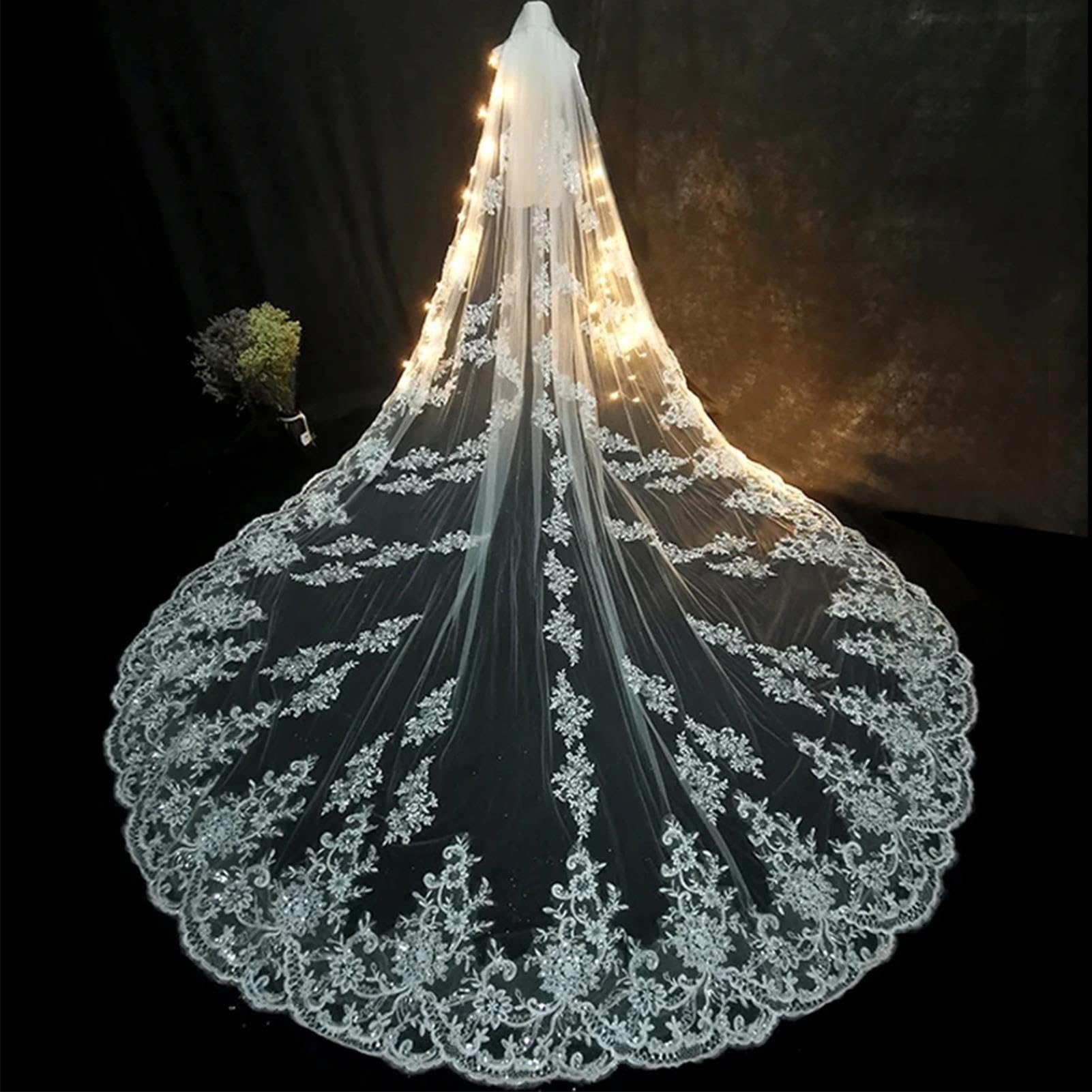 Velo da Sposa Lussuoso, Velo da Sposa in Pizzo Extra Lungo, Largo 300 Cm, Stile Chiesa, Colore Avorio, con Pettinino per Capelli, Adatto A Spose E Ragazze(400x300cm)