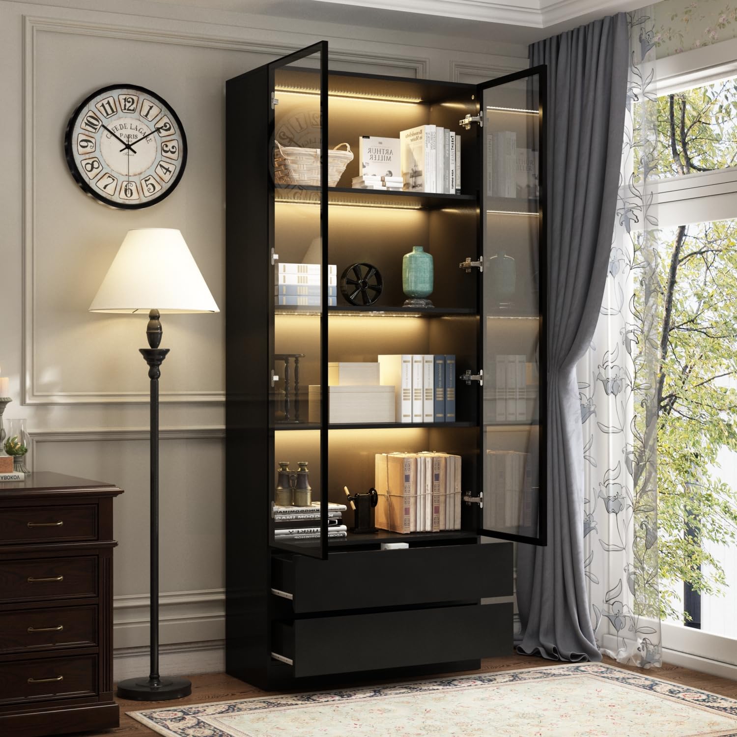 Vitrina con puertas de cristal, estantería de pie para salón, dormitorio, comedor, oficina, cocina, 80 x 36 x 200 cm, MDF, negro