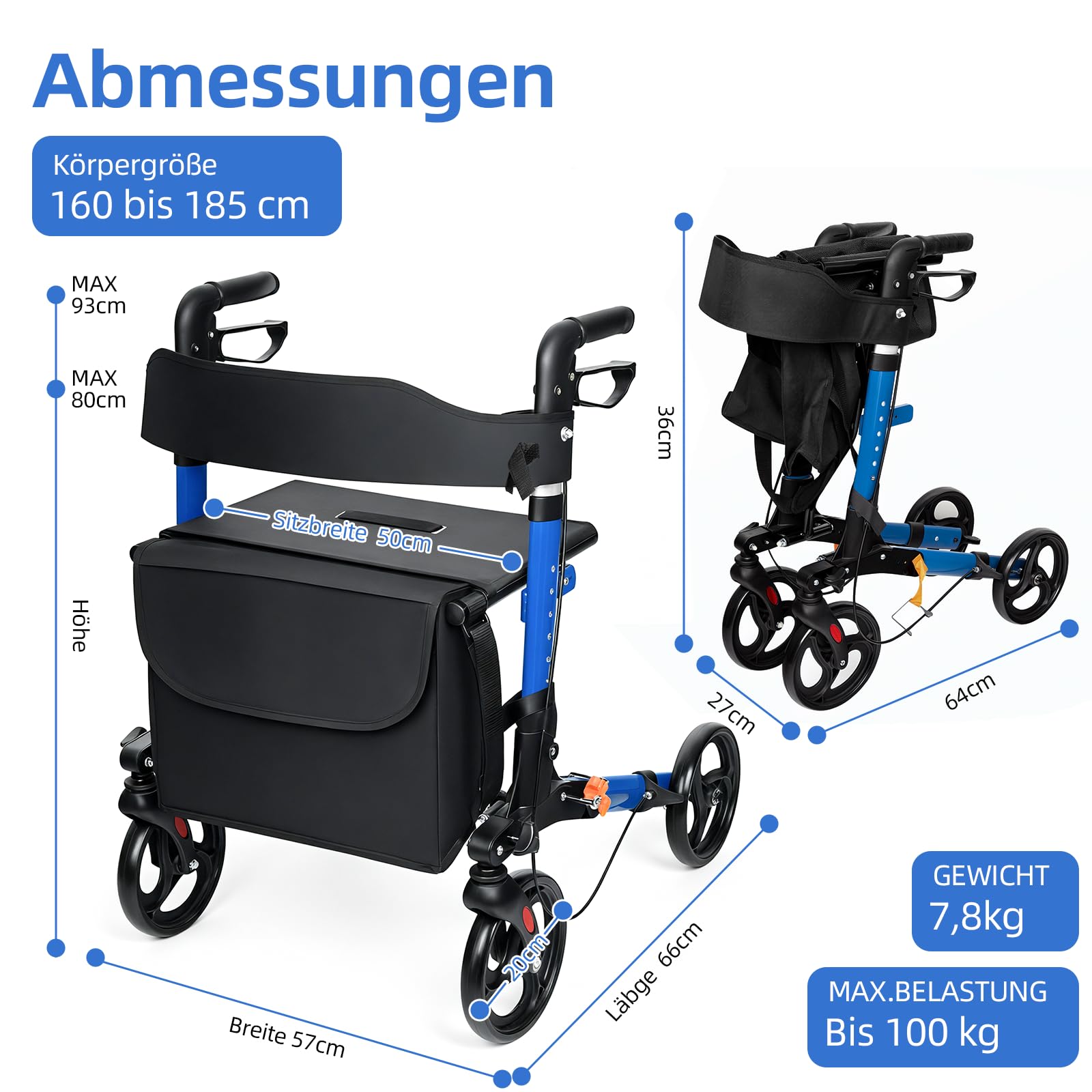 Leichtgewicht Rollator Faltbar und Leicht mit Sitz, 6-fach Höhenverstellbar Geeignet für 160 185 cm, Aluminium Gehhilfe mit Feststellfunktion Stockhalter und Abnehmbare 8L Einkaufstasche