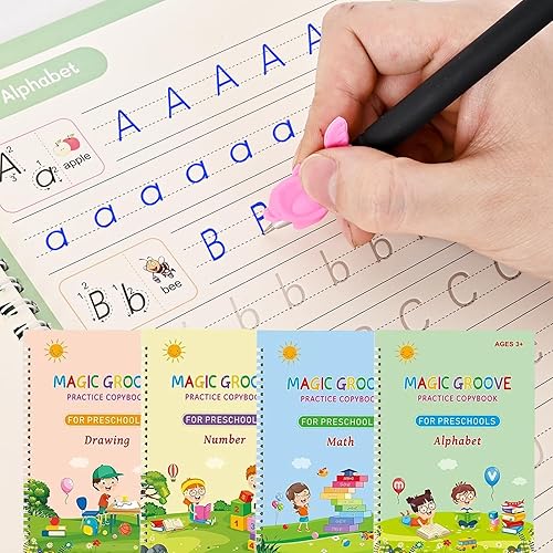 Reusable Magic Grooved Handwriting Practice Books - Preschool Educational Workbooks for Kids 3-8, Large Writing Practice Books (4-Book Set) de AALGO