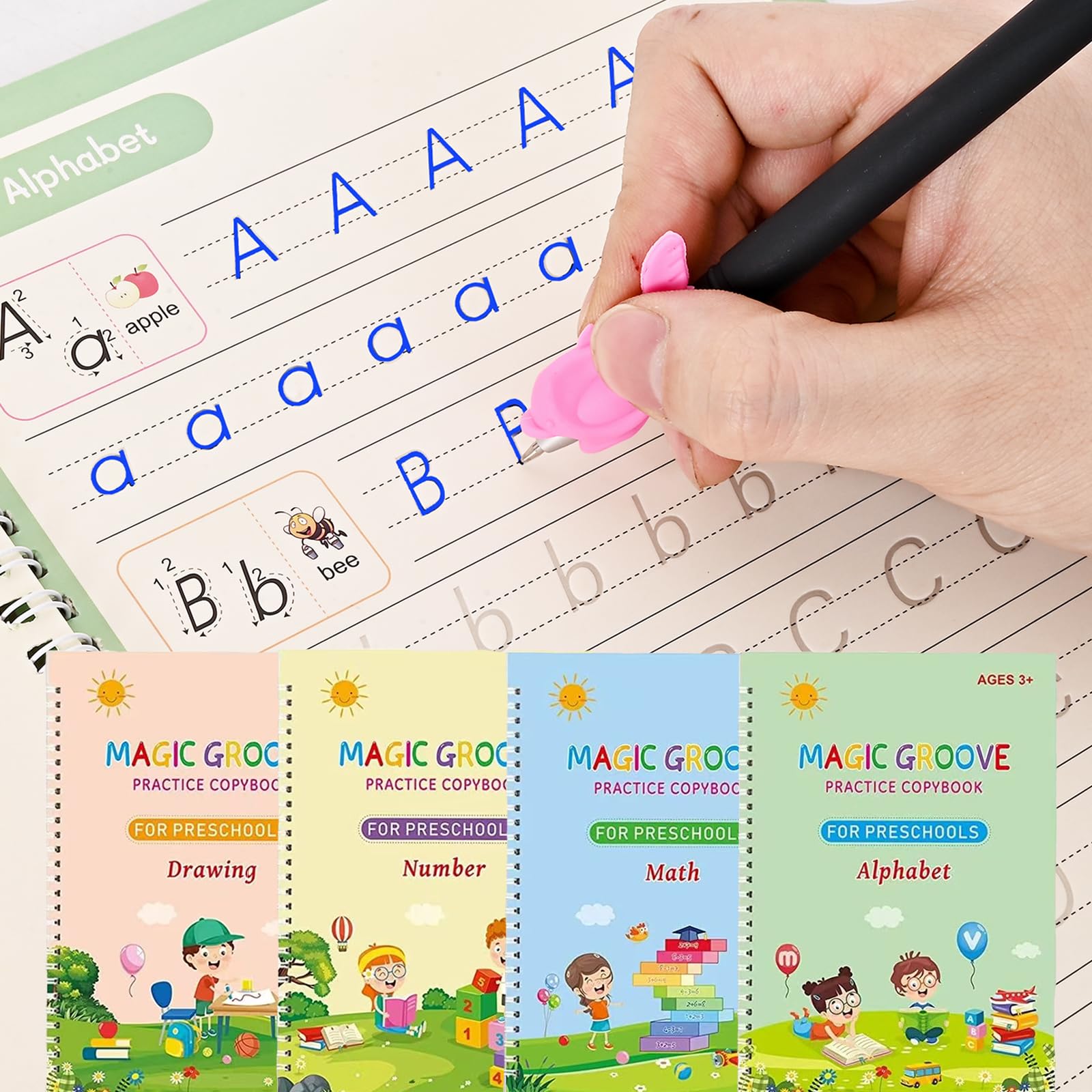 Reusable Magic Grooved Handwriting Practice Books - Preschool Educational Workbooks for Kids 3-8, Large Writing Practice Books (4-Book Set)