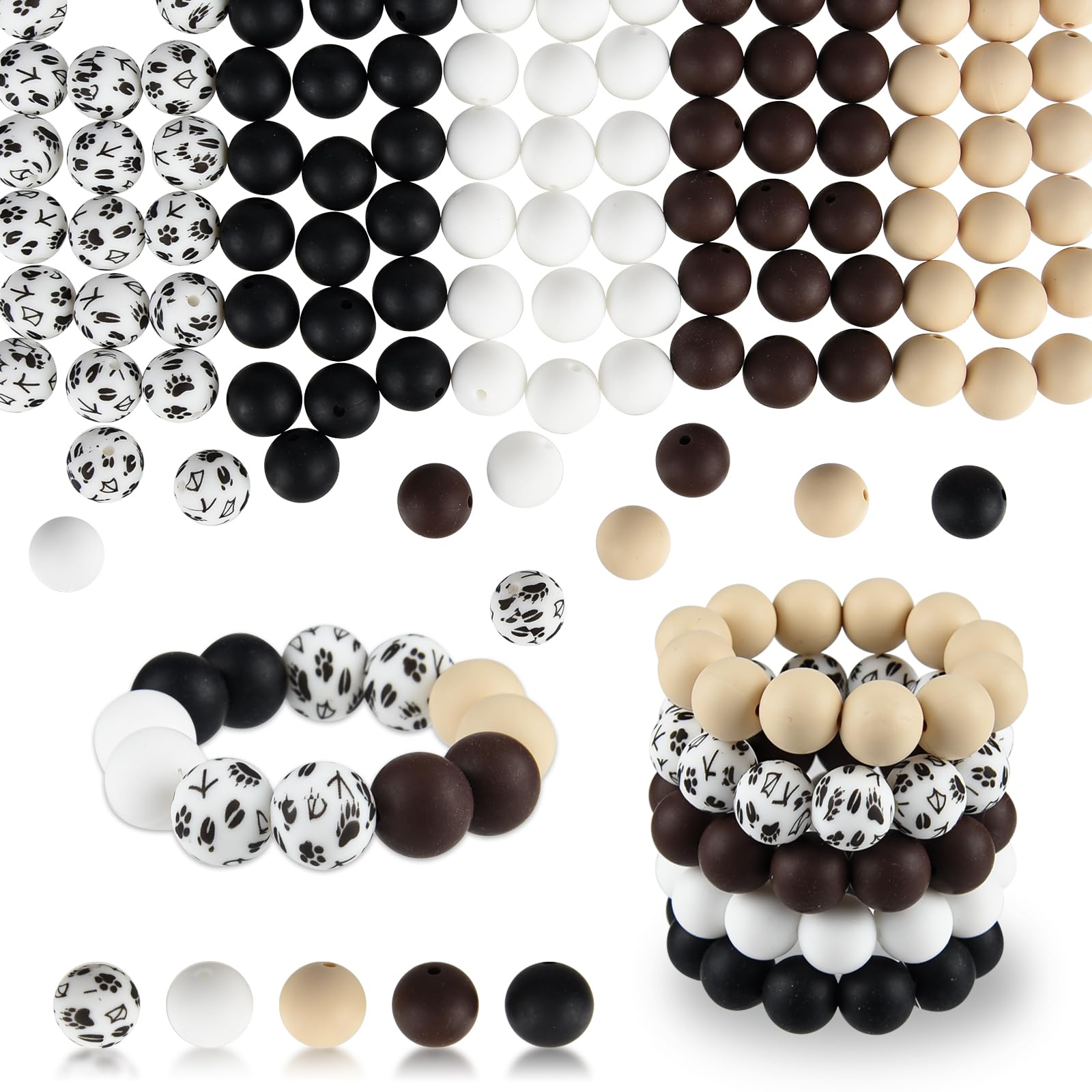 ASTARON 100 Pcs 15mm Silicone Beads for Keychain Making Black Brown Round Beads for Bracelets Crafts Beadable Pens Decorations Jewelry Making Party Favors Supplies
