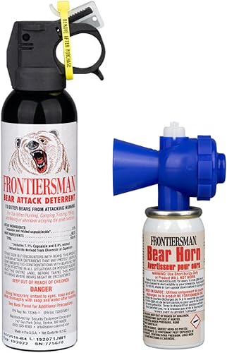Sabre Frontiersman 9.2 fl oz. Spray de oso, máxima fuerza 2.0% capsaicinoides, potente alcance de 35 pies disuasorio de oso y cuerno de oso con