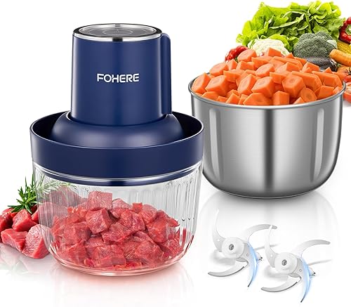 FOHERE Procesadores de alimentos, picadora eléctrica de alimentos con picadora de carne y picadora de verduras con 2 cuencos (8 tazas + 7 tazas), 2