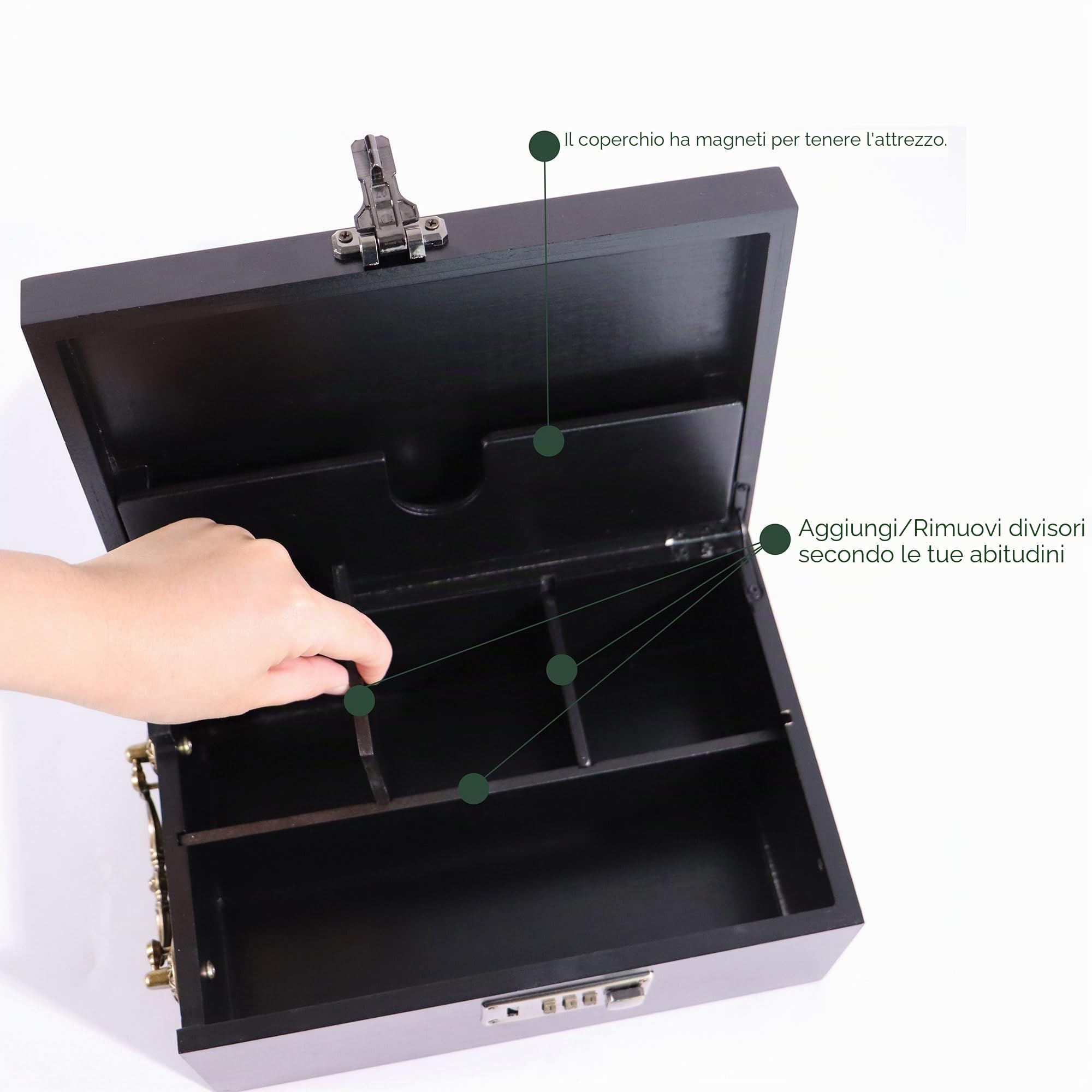 Grande scatola portaoggetti in bambù con serratura a combinazione e accessori, set organizer nero con manico e vassoio rimovibile, contenitore in bambù a prova di odore, scatola decorativa per la casa