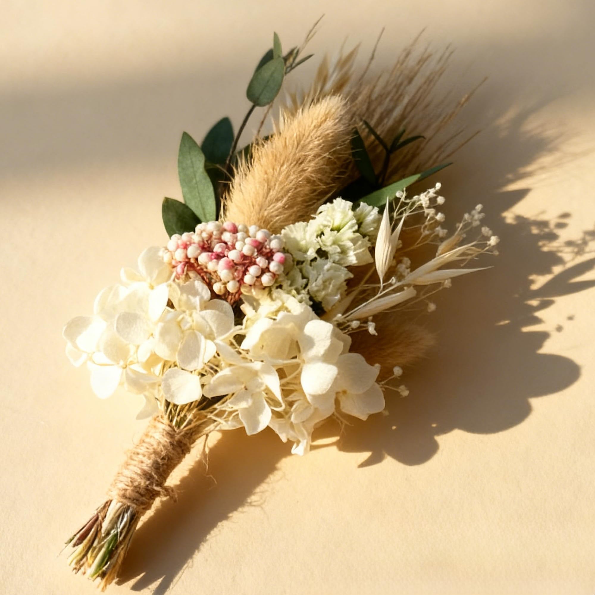 Dried Flower Bouquet,Mini Natural Corsage with Real Dried Gypsophila and Pampas DWUENT Handmade Boho Wedding Corsage,Bridesmaid Gift,Party Decoration in Cream & Beige (I)