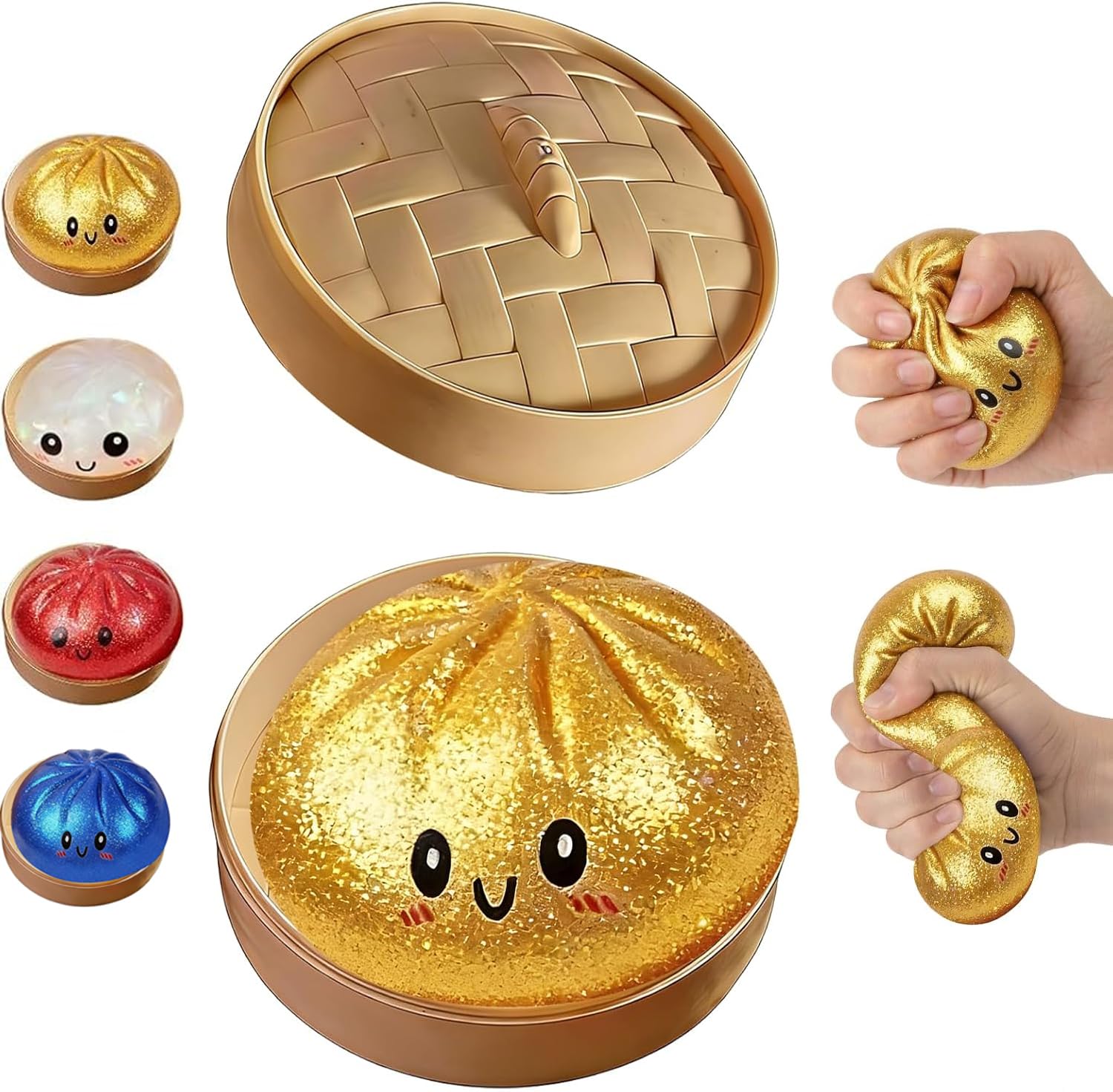 Glitter Dumpling Squishy Box, Dumpling Squishies, Sensory Squeeze Toy for Stress Relief, Soft Decompression Dough for Adults Office and Home Use (Ribbon Emoji bun) — view 8