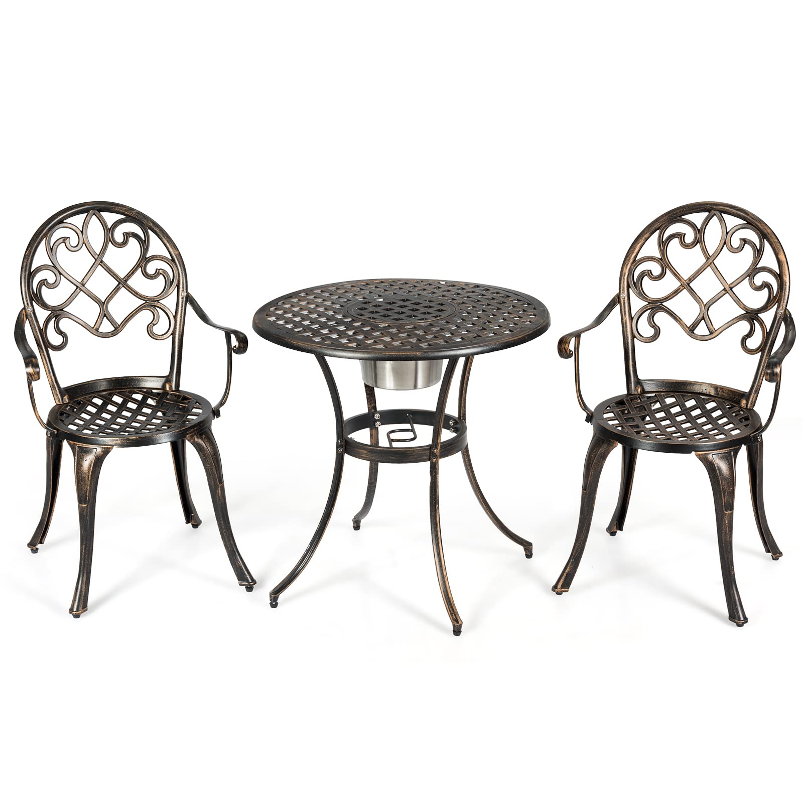 SFAREST 3PCS Bistro Set, Patio Cast Aluminum Dining Set with Ice Bucket, Outdoor Garden Table Chairs for Backyard, Front and Poolside