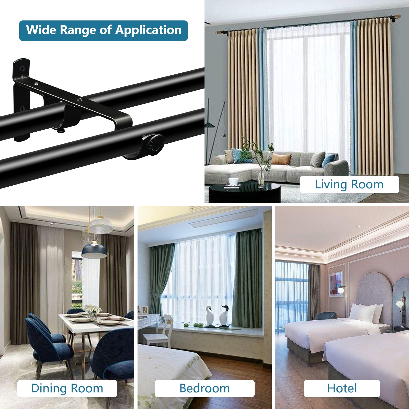 TOKPLNU Lot de 10 supports de tringle à rideaux doubles - Résistants - Noirs - Pour tringle à rideaux murale de 2 à 2,8 cm