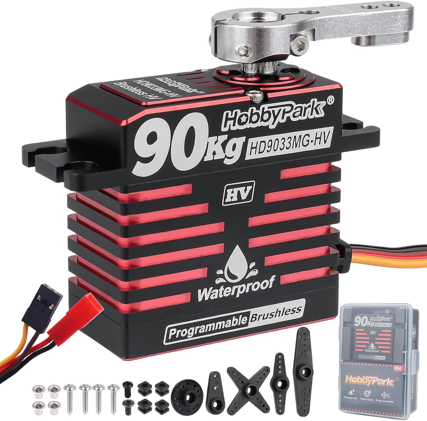 HobbyPark Direct Powered Waterproof High Torque RC Steering Servo 90kg High Speed Standard Servo Brushless Motor HV 8.4-16.8V All Metal Gears 180° Programmable for RC Crawlers Trucks Cars Buggy
