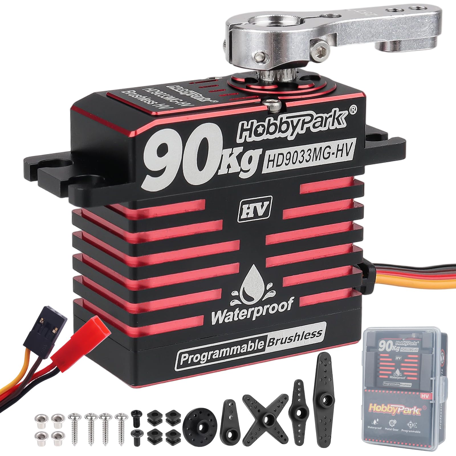 HobbyPark Servo de dirección a control remoto impermeable de alto par de potencia directa, 90 kg, motor sin escobillas estándar de alta velocidad, HV, 8.4-16.8 V, todos los engranajes de metal