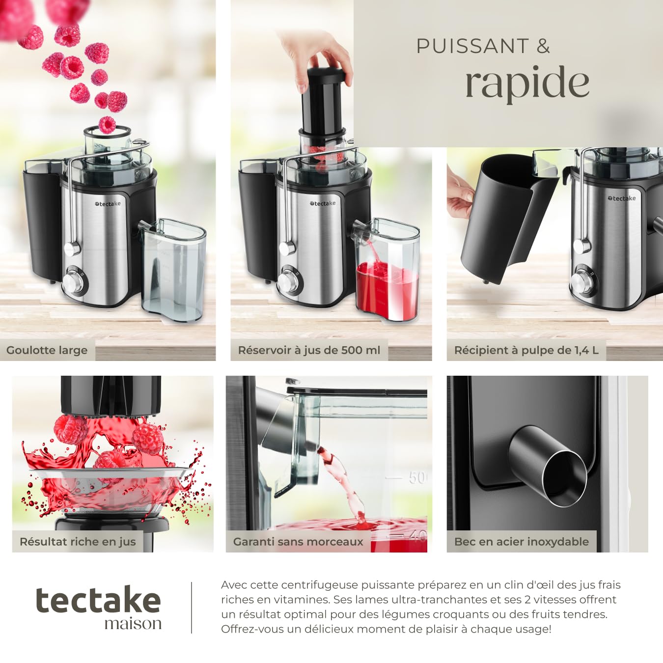 tectake® Extracteur de jus de fruits et légumes Centrifugeuse Fruits et legumes avec Goulotte d'Alimentation 2 Vitesses pour jus de fruits & Alimentation saine Bien-être Electroménager cuisine