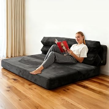 Convertible Sofa Bed, Folding Sofa Bed Couch, Pallout Floor Couch, Convertible Futon Chair Beds, Floor Teddy Sofa, Mini Couch for Bedroom, Love Seat Sleeper BedsDark Grey,51.1"59.8"23.6"