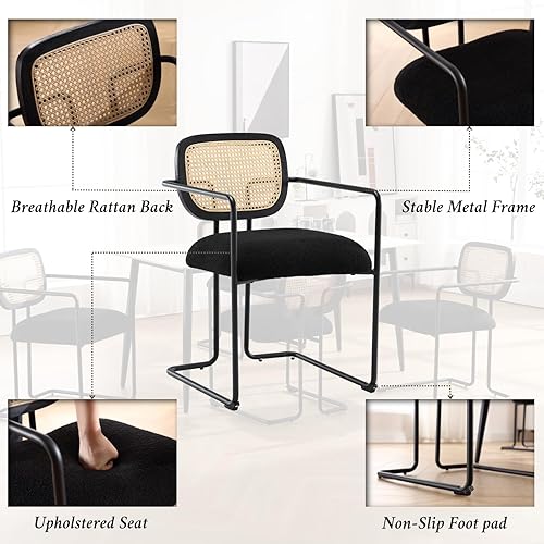 Miniatura 4 de Ya-Home Juego de 2 sillas de comedor modernas, sillas laterales tapizadas, sillón de tela Sherpa con respaldo de ratán, patas de metal para comedor,