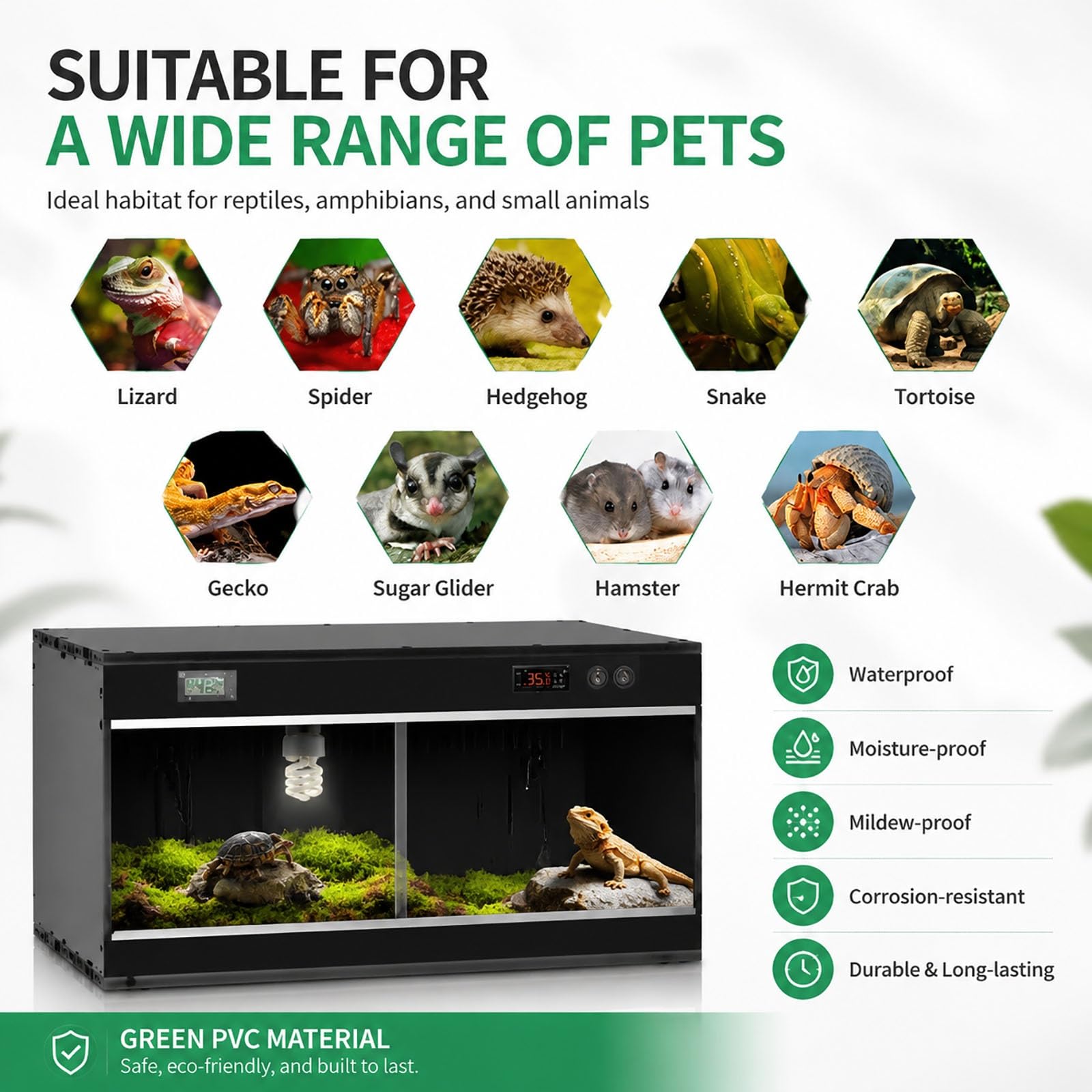 Terrarium dla gadów z podwójnym cyfrowym termostatem PVC, podzielone wiwarium z przesuwnymi drzwiami ze szkła hartowanego, izolowana skrytka hodowlana dla jaszczurek, żółwi(Black,120x60x60)