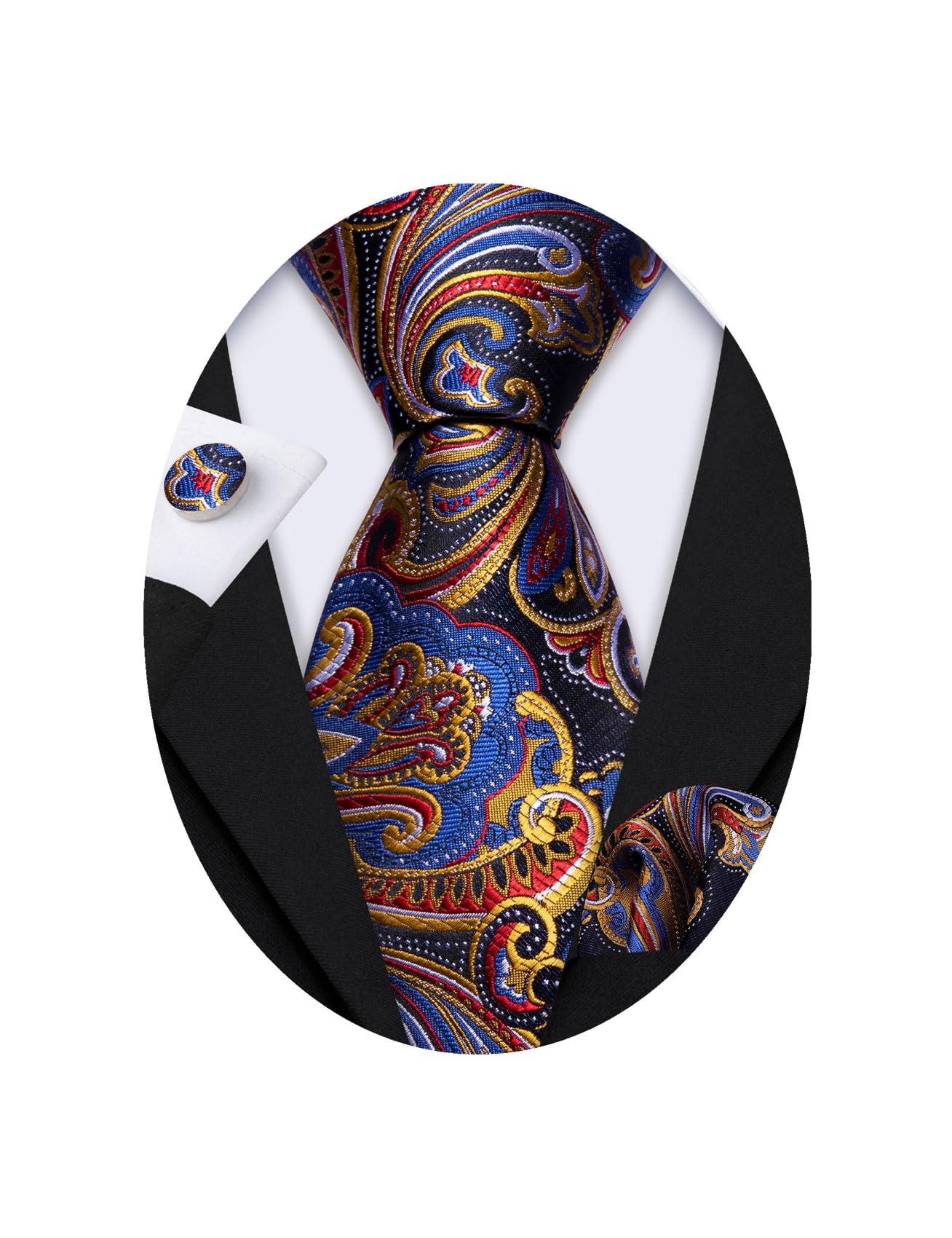 Barry.Wang Men Tie Sets Paisley Silk Necktie Pocket Square Cufflinks