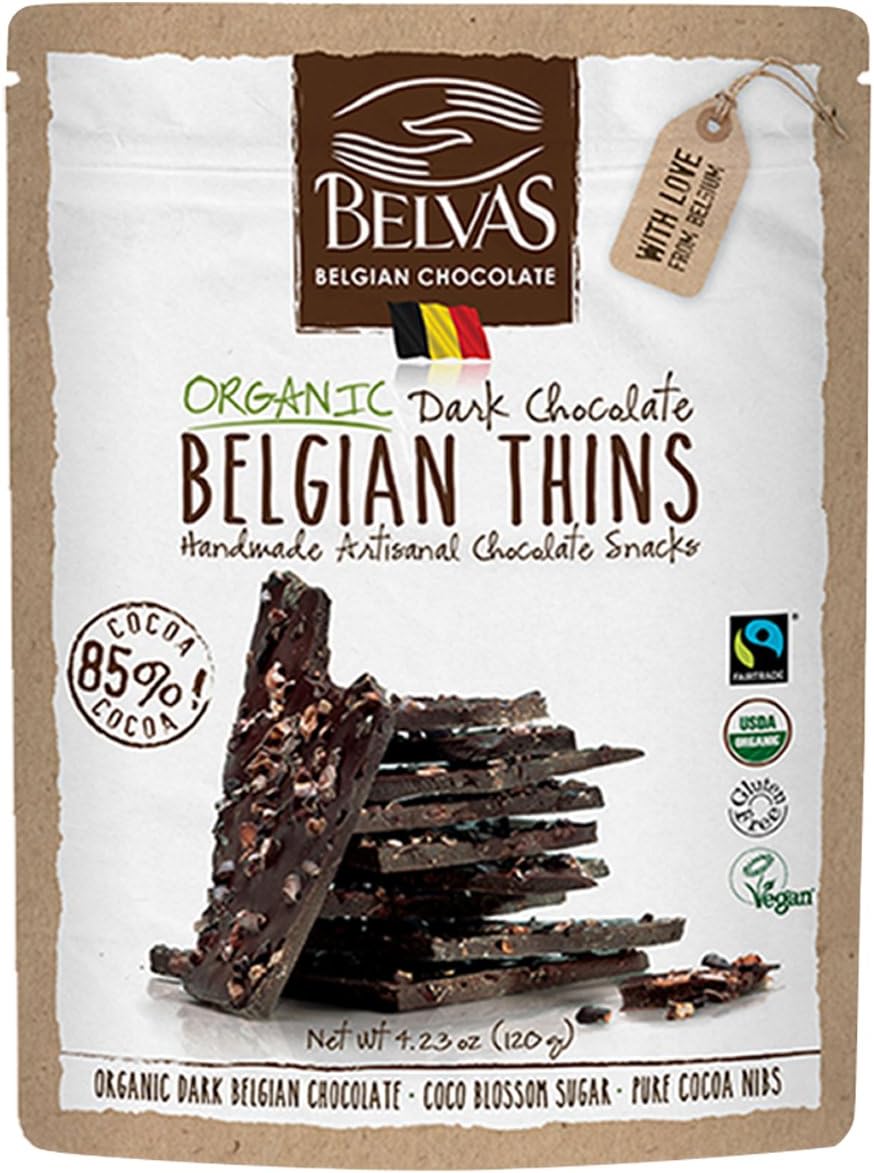 Belvas Belgian Thins Organic Dark Chocolate Snack with 85% Cocoa and Sweetened with Coco Blossom Sugar - Vegan, Gluten Free, Fairtrade, 4.23 oz. Resealable Bag